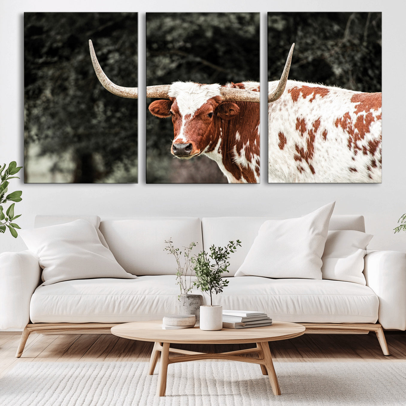 54027638-MGV-CV-36X24-Texas Longhorn Wall Art Canvas Print – Framed Spotted Bull Horned Cattle Rustic Western Decor Artwork for Home, Office