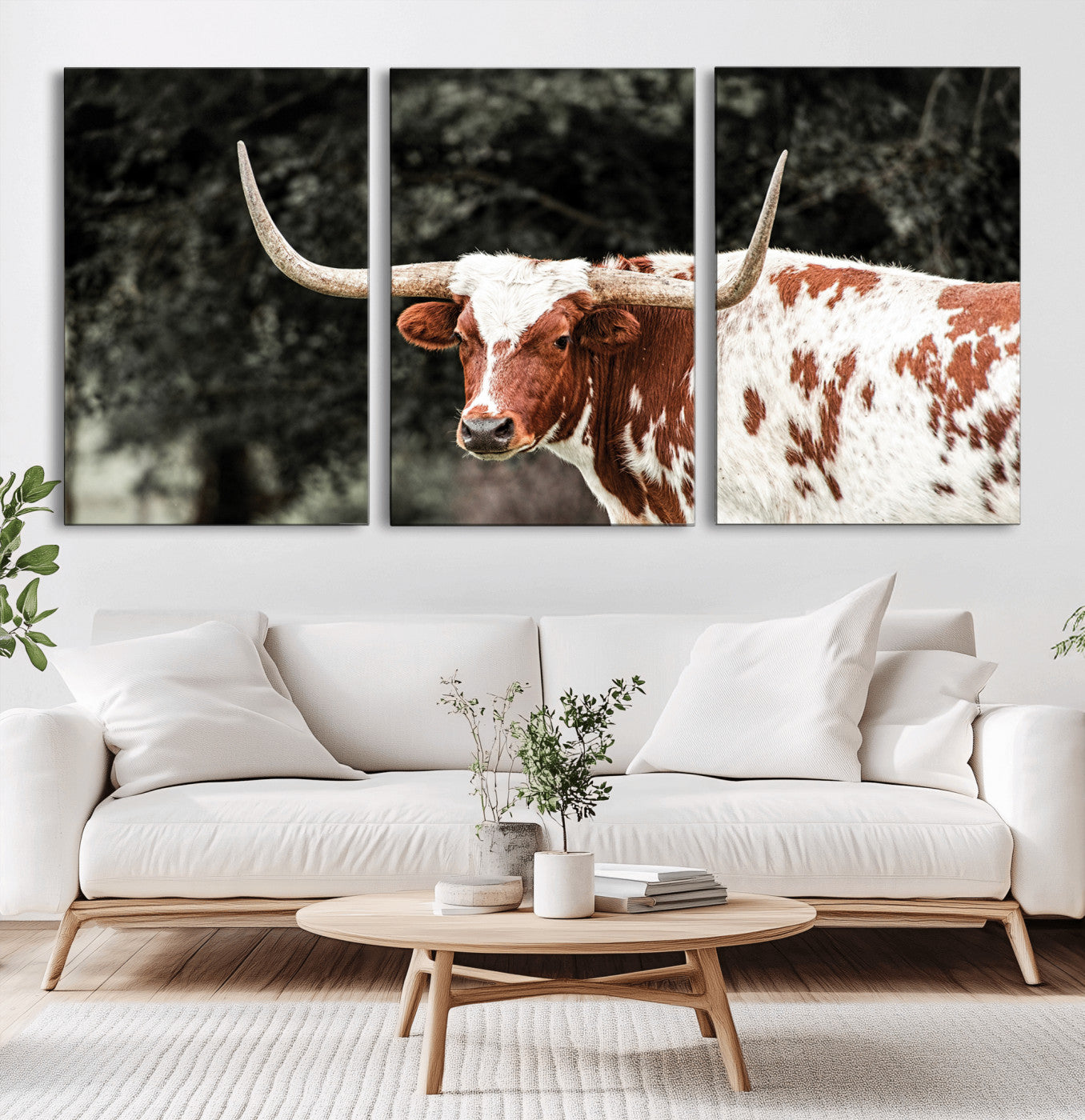 -Texas Longhorn Wall Art Canvas Print, Framed Spotted Cow Art Picture Print, Horned Bull Perfect Rustic Western Decor Artwork
