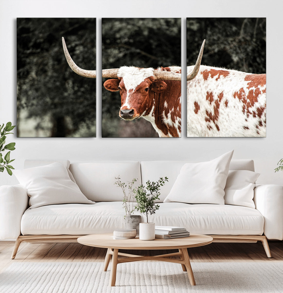 Texas Longhorn Wall Art Canvas Print | Framed Spotted Longhorn with Bold Horns
