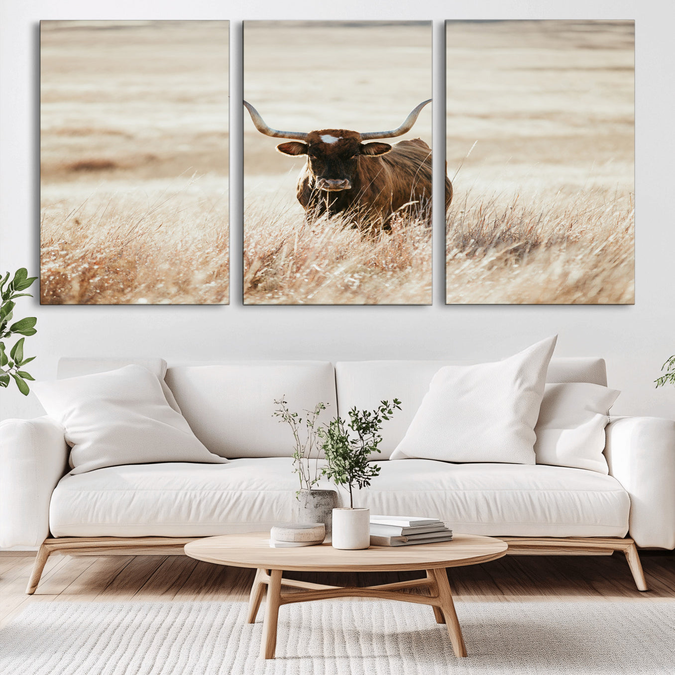 -Texas Longhorn Wall Art Canvas Print, Framed Brown Cattle Art Picture Print, Horned Bull Perfect Rustic Western Decor Artwork