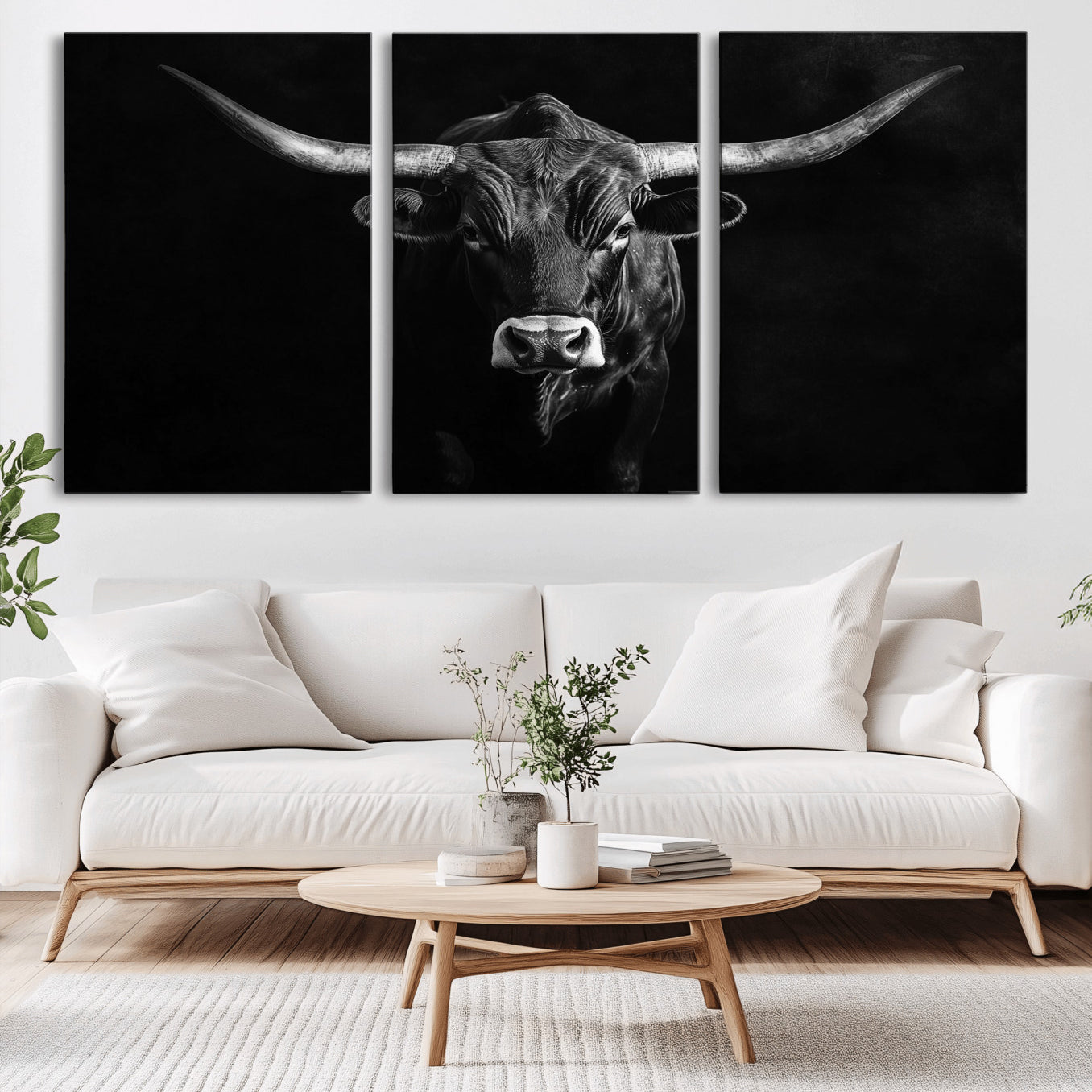 -Texas Longhorn Wall Art Canvas Print, Framed Monochrome Bull Art Picture Print, Horned Bull Perfect Rustic Western Decor Artwork