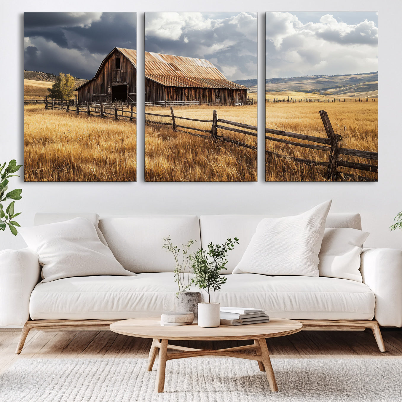 38758826-MGV-CV-60X30-3P-Rustic Barn Wall Art Canvas Print – Framed Moody Barn Golden Field Countryside Farmhouse Landscape Artwork for Home Office