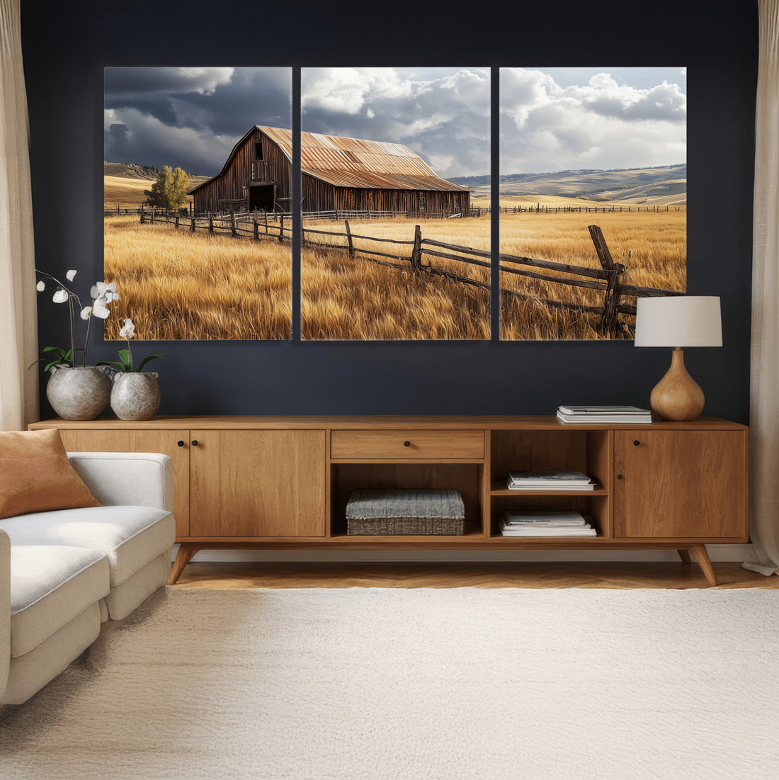 Rustic Barn Wall Art Canvas Print, Framed Moody Barn Golden Field Farmhouse Art
