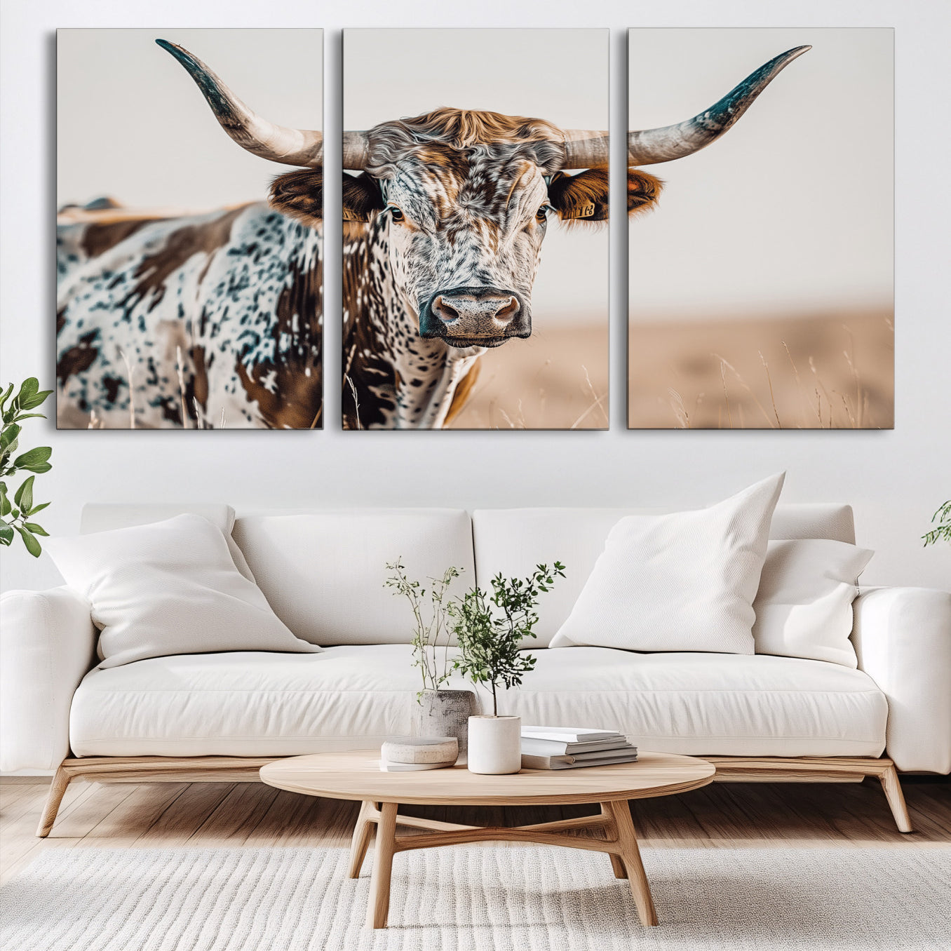 Canvas of a speckled Texas longhorn with wide curved horns and warm tones, perfect for rustic or country-style wall decor.
