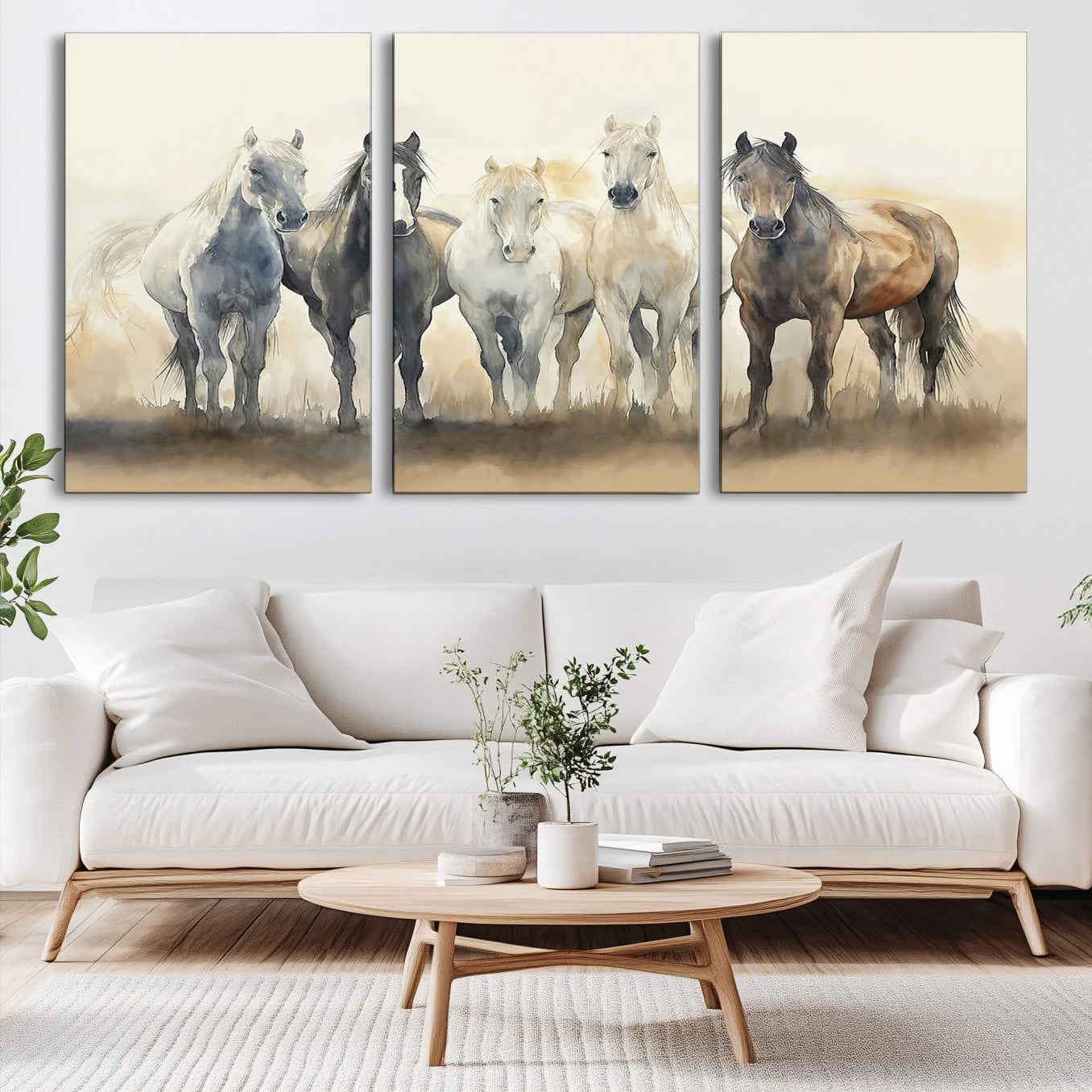 Watercolor illustration of five wild horses in soft neutral tones, perfect for rustic or western-style home decor with a calming natural vibe.