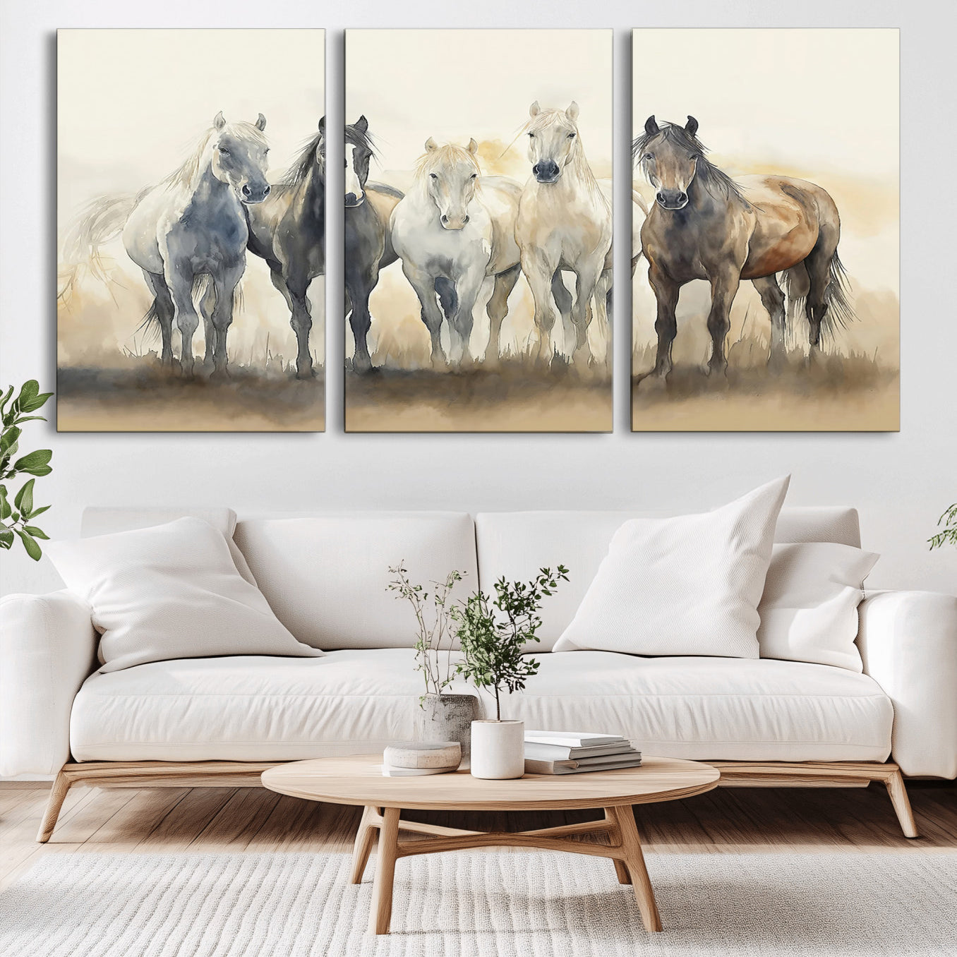MGV-CV-60X30-3P - Wild Horses Wall Art Canvas Print, Framed Running Horses Art Picture Print, Watercolor Horses Perfect Rustic Western Decor Artwork