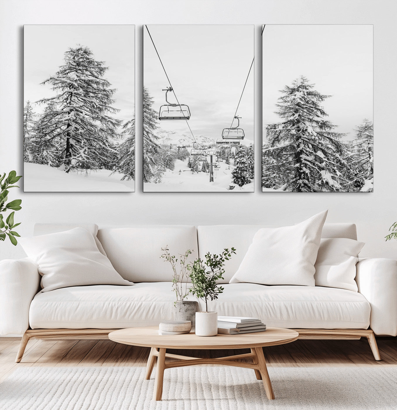 55003599-MGV-CV-36X24-Ski Lift Wall Art – Framed Snowy Mountain Canvas Artwork, Winter Forest Design, Minimal Nature Decor for Home, Office