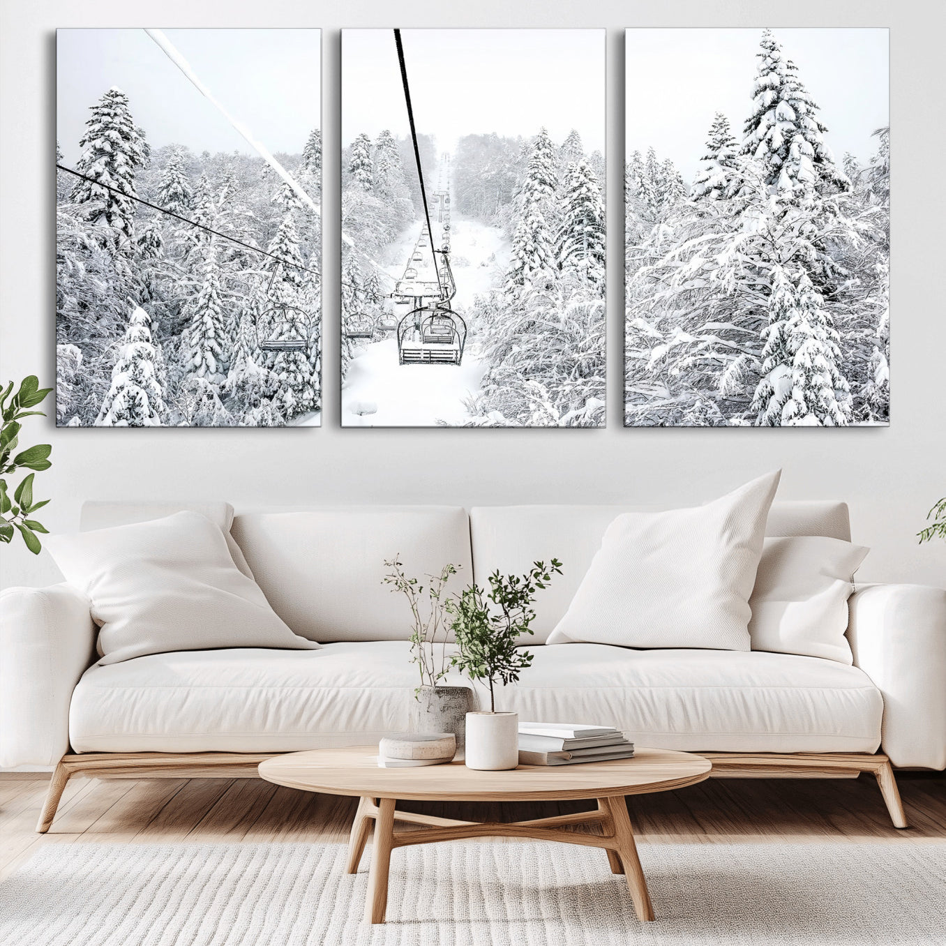 MGV-CV-60X30-3P - Snowy Forest Escape Wall Art – Canvas Print of Majestic Snow Covered Pines & Silent Chairlift, Serene Winter Wonderland Decor for Living Room, Office or Bedroom