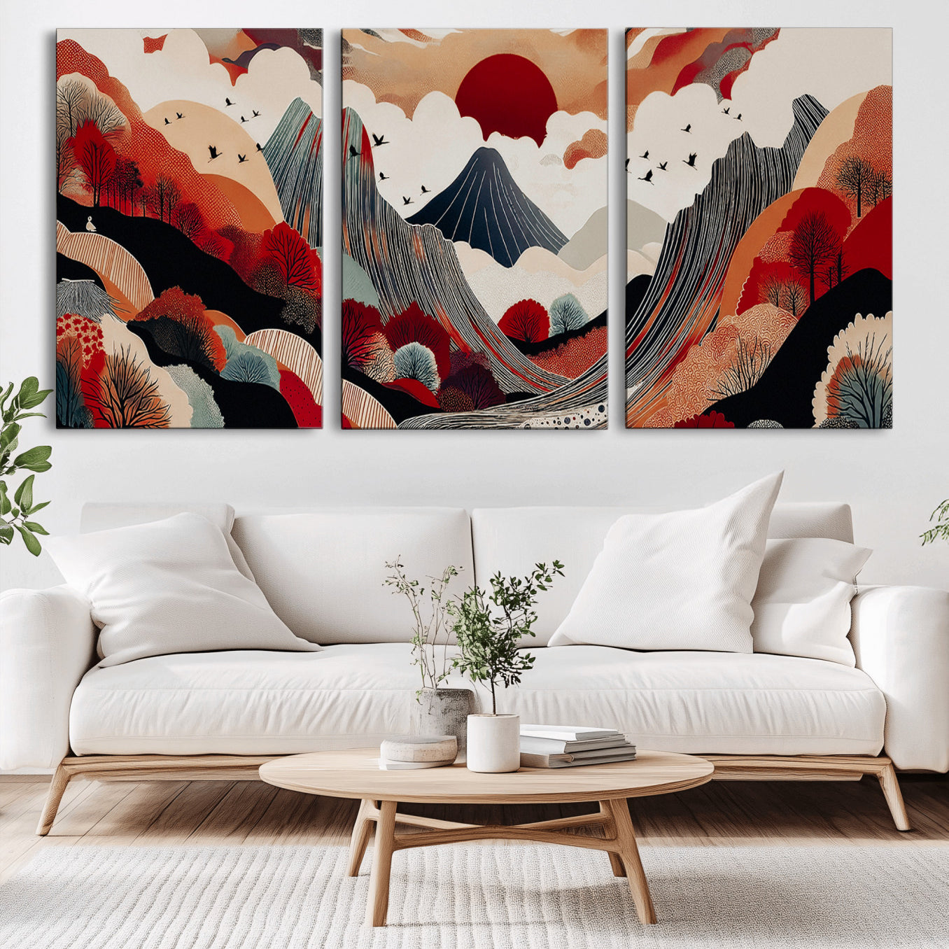 -Abstract Mountain Wall Art Canvas Print, Framed Vibrant Landscape Art Picture Print, Stylized Nature Drawing Perfect Contemporary Minimalist Decor Artwork