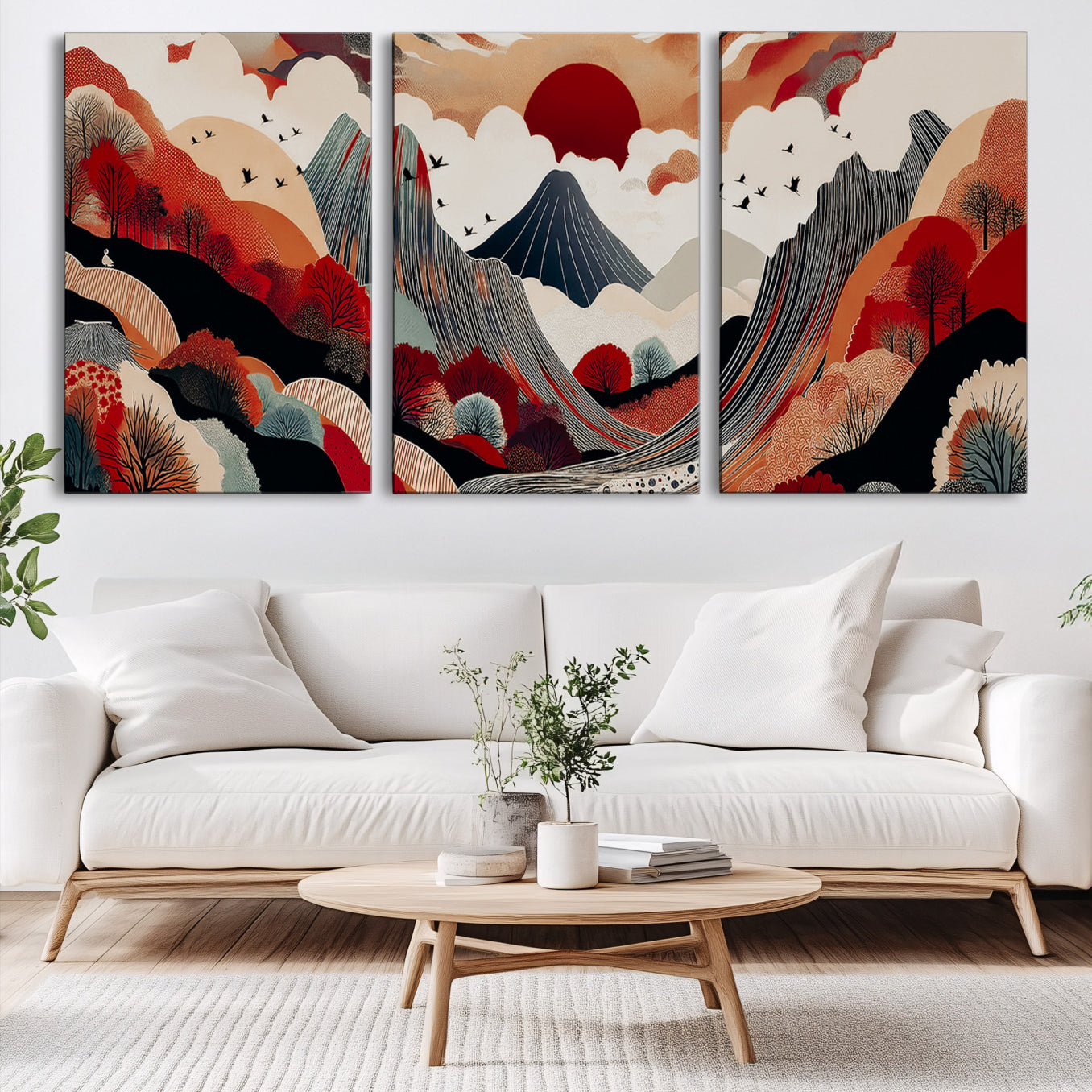 Abstract nature illustration with a red sun, mountains, and vibrant landscapes in graphic style, perfect for contemporary minimalist home decor. Ideal for modern spaces.