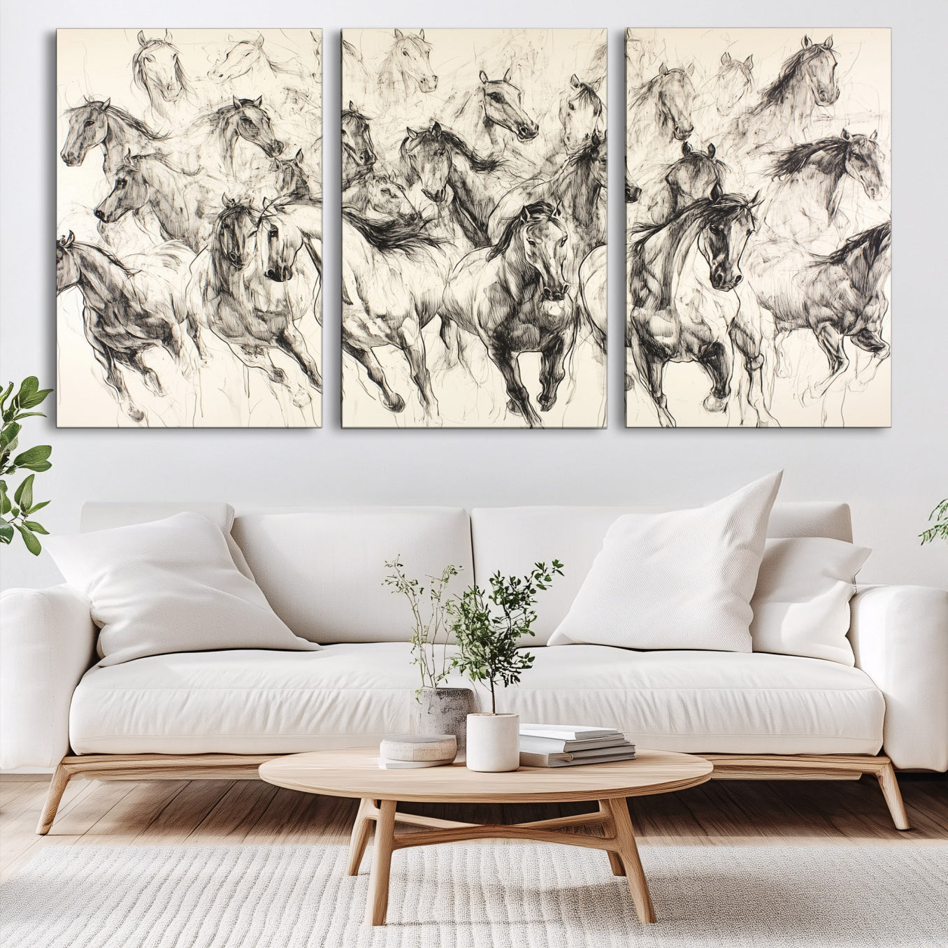 19433417-MGV-CV-60X30-3P-Running Horses Wall Art Canvas Print – Framed Galloping Herd Dynamic Equestrian Sketch Nature Artwork for Home Office