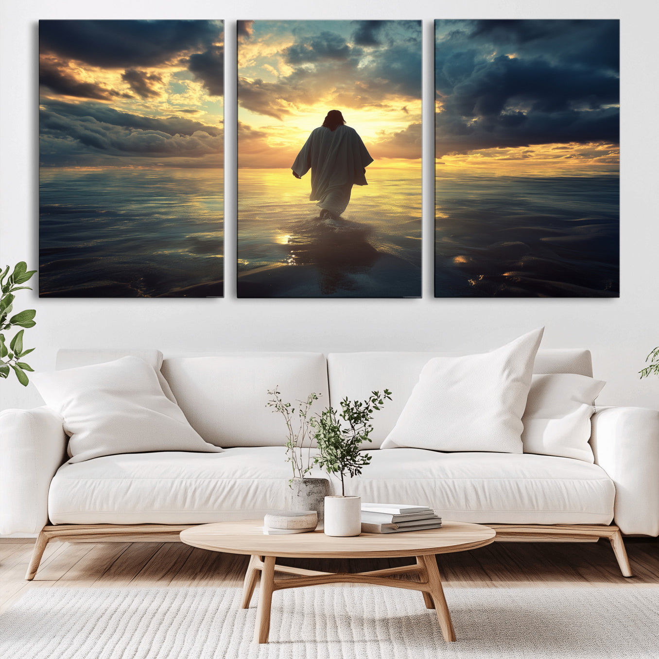-Jesus Walks Wall Art Canvas Print Framed Divine Sunset Art Spiritual Light Print for Home, Office, Living Room