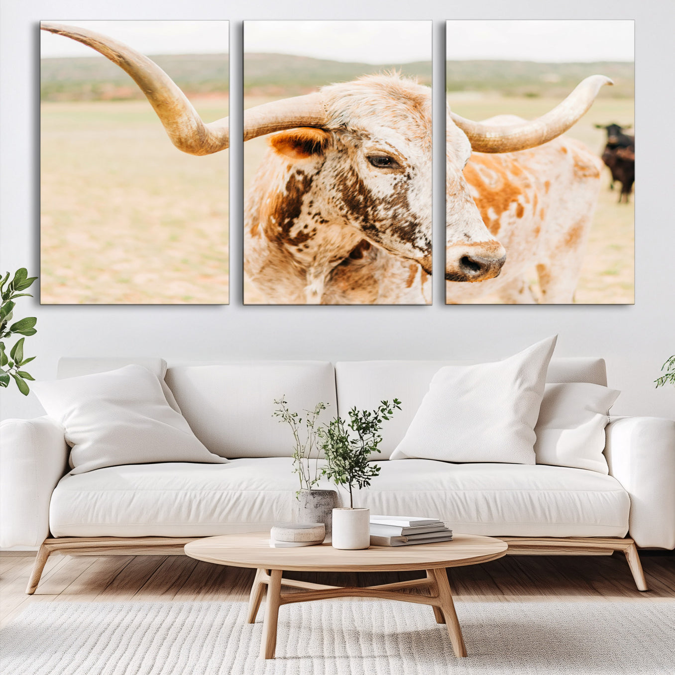 21060648-MGV-CV-60X30-3P-Texas Longhorn Wall Art Canvas Print, Framed Speckled Cow Art Picture Print, Rustic Bull Perfect