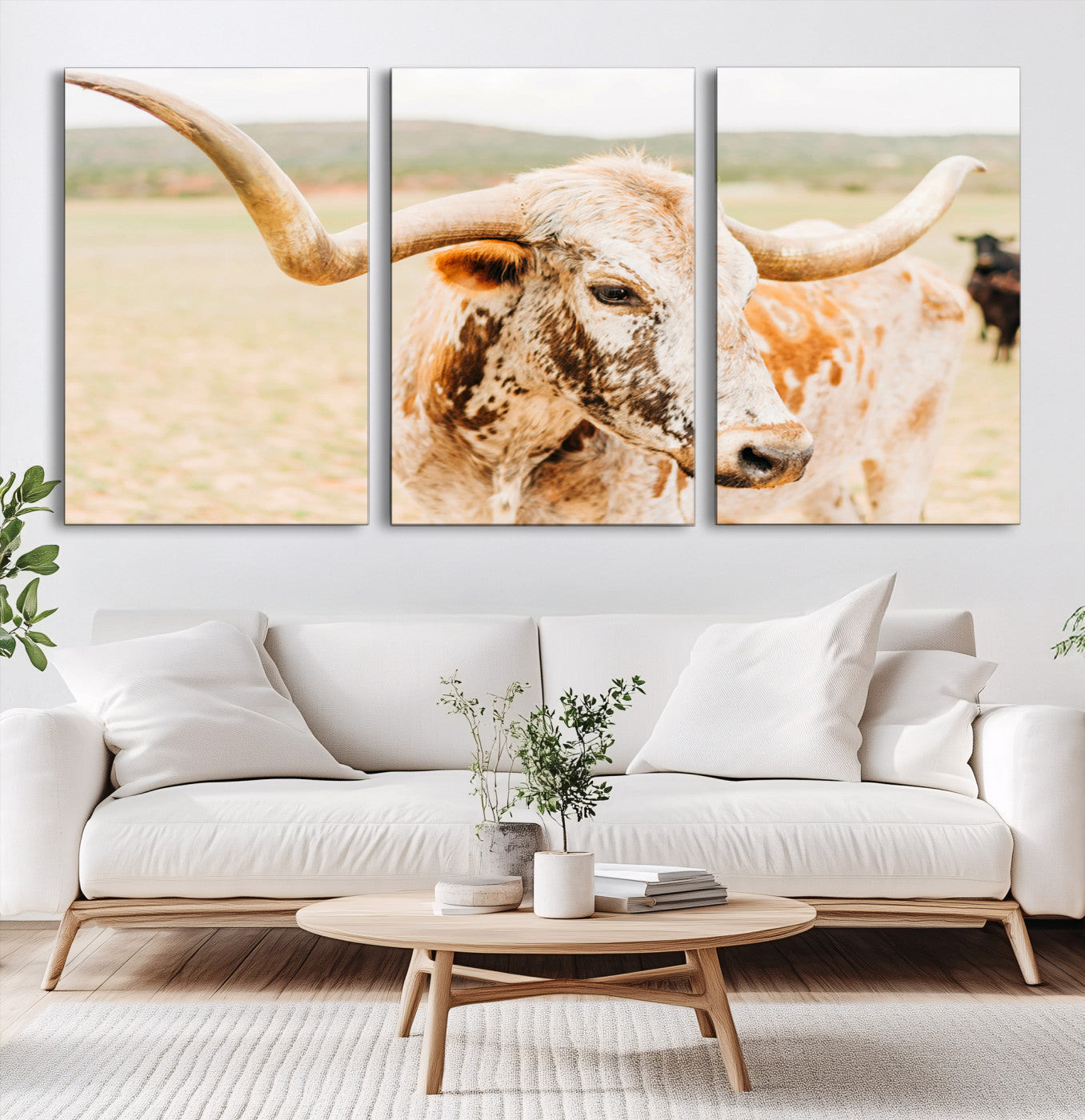 21060648-MGV-CV-60X30-3P-Texas Longhorn Wall Art Canvas Print – Framed Speckled Cow Rustic Bull Western Farmhouse Animal Artwork for Home Office