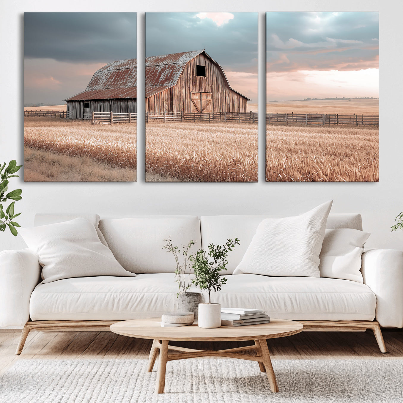 MGV-CV-60X30-3P - Rustic Barn Wall Art Canvas Print, Framed Wheat Field Art Picture Print, Sunset Barn Perfect Vintage Farmhouse Decor Artwork