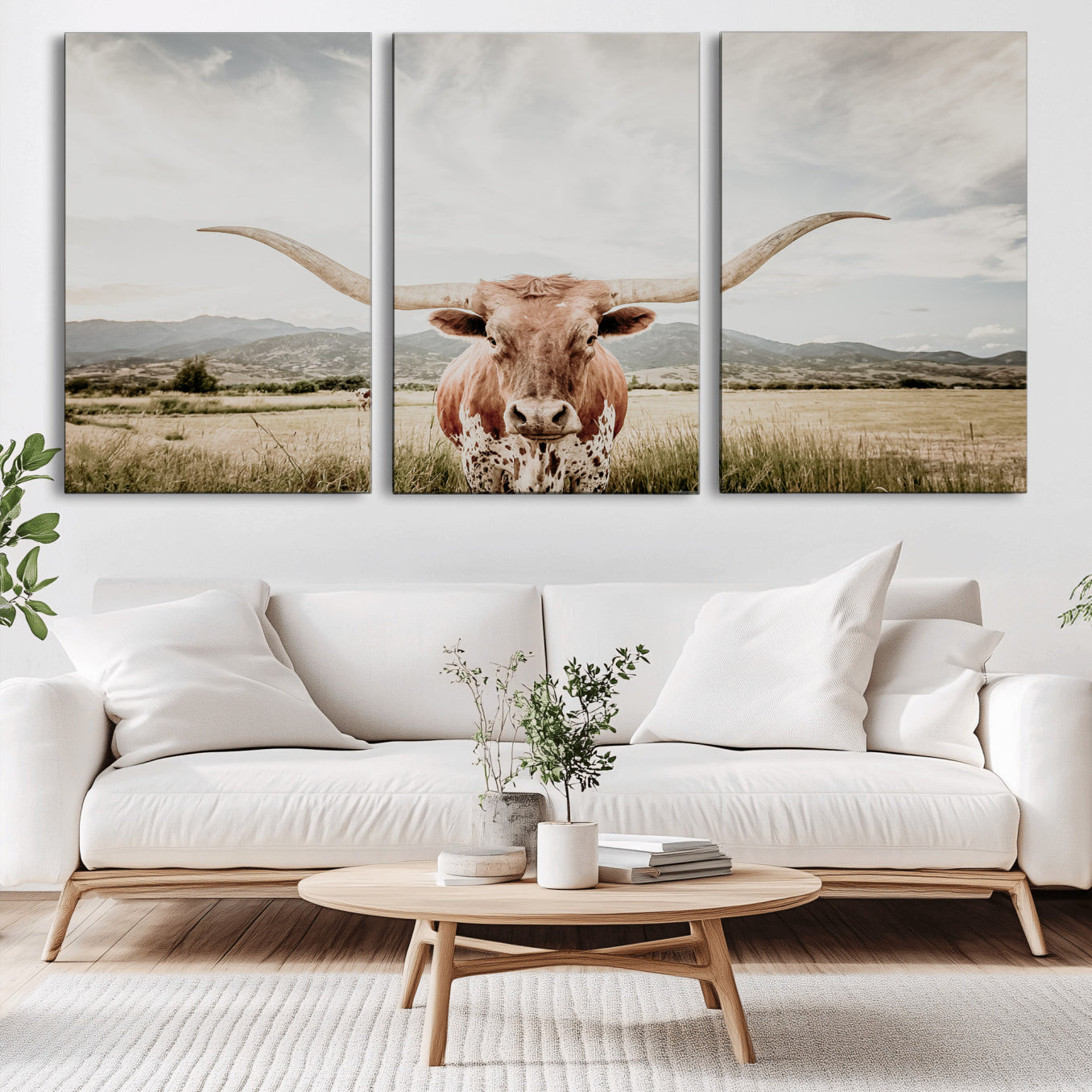80054319-MGV-CV-36X24-Texas Longhorn Wall Art Canvas Print – Framed Western Cow Scene with Rustic Farmhouse Artwork for Home, Office