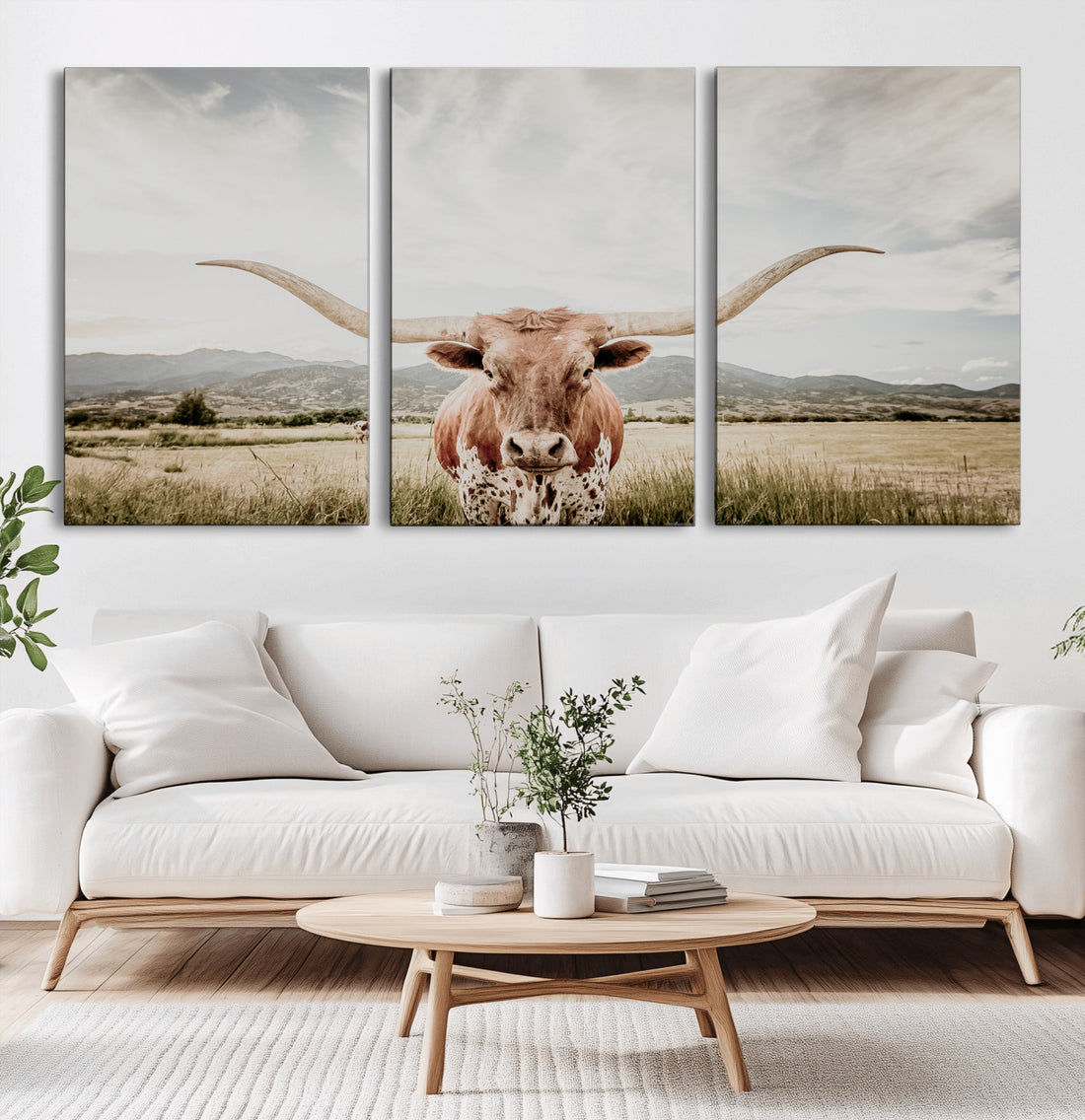 Texas Longhorn Wall Art Canvas Print, Framed Western Cow Print, Rustic Farmhouse Ranch Decor