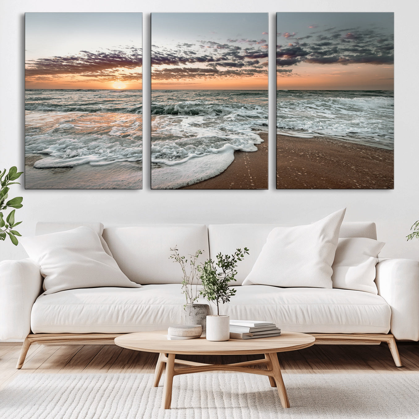40632752-MGV-CV-36X24-Ocean Sunset Wall Art Canvas Print – Framed Beach Waves Scene with Coastal Artwork for Home, Office, Living Room
