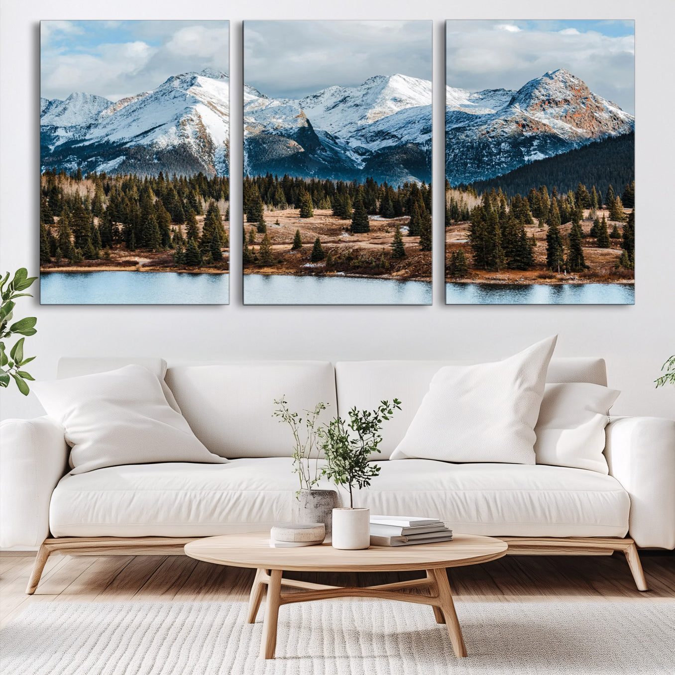 36247746-MGV-CV-60X30-3P-Snowy Peaks Wall Art Canvas Print, Framed Alpine Lake Art Picture Print, Pine Forest Perfect Alpine