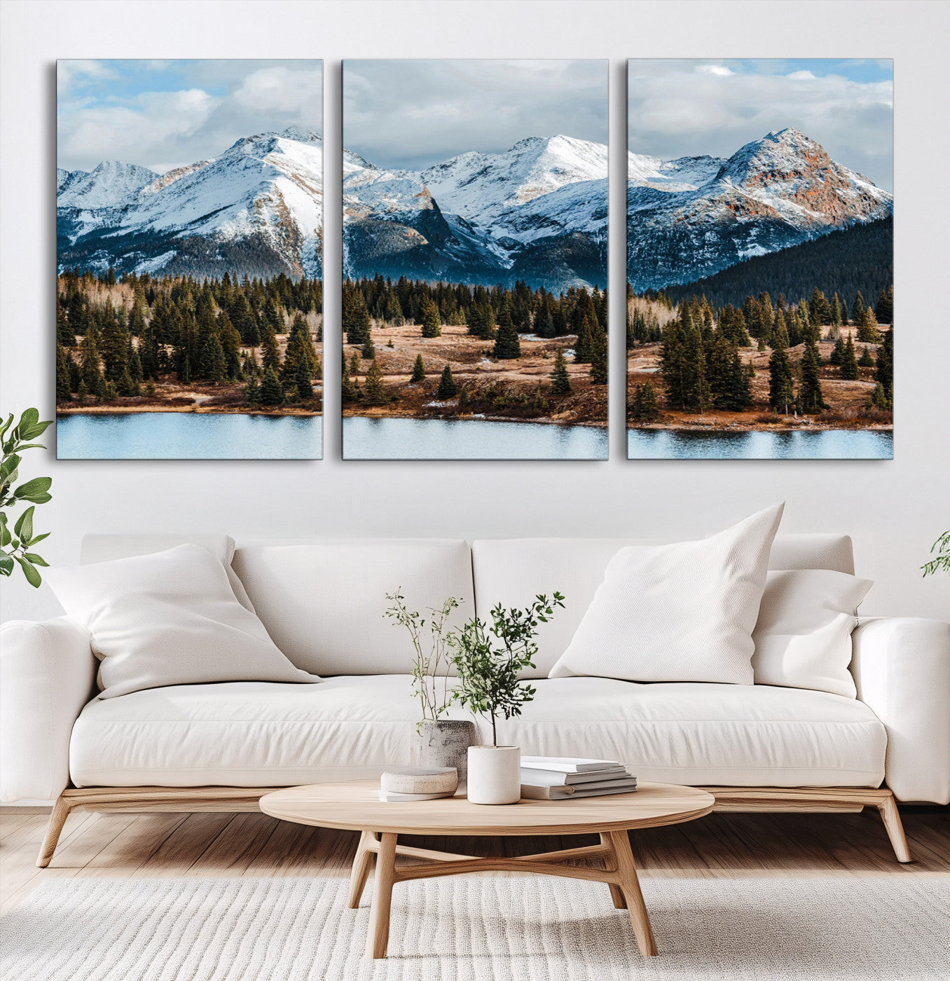 36247746-MGV-CV-60X30-3P-Snowy Peaks Wall Art Canvas Print, Framed Alpine Lake Art Picture Print, Pine Forest Perfect Alpine