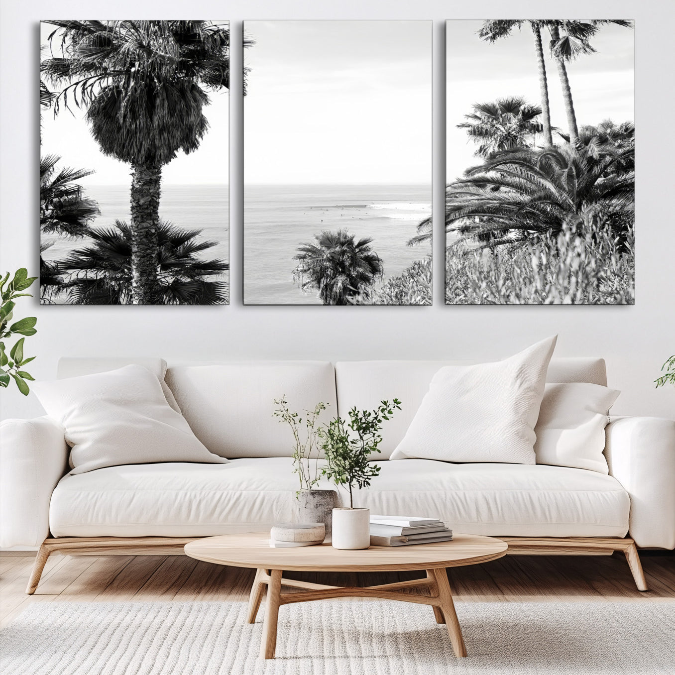 89458520-MGV-CV-60X30-3P-Palm Trees Wall Art Canvas Print, Framed Coastal Art Picture Print, Ocean Horizon Perfect Monochrome Coast Decor