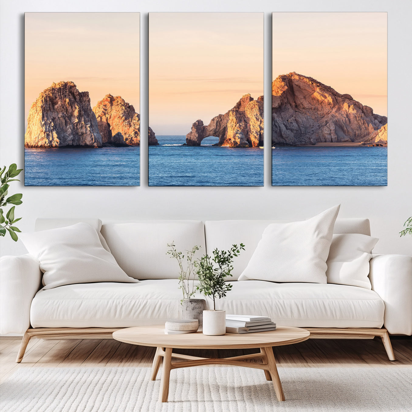 72996116-MGV-CV-60X30-3P-El Arco Wall Art Canvas Print, Framed Cabo Rocks Art Picture Print, Ocean Arch Perfect Golden