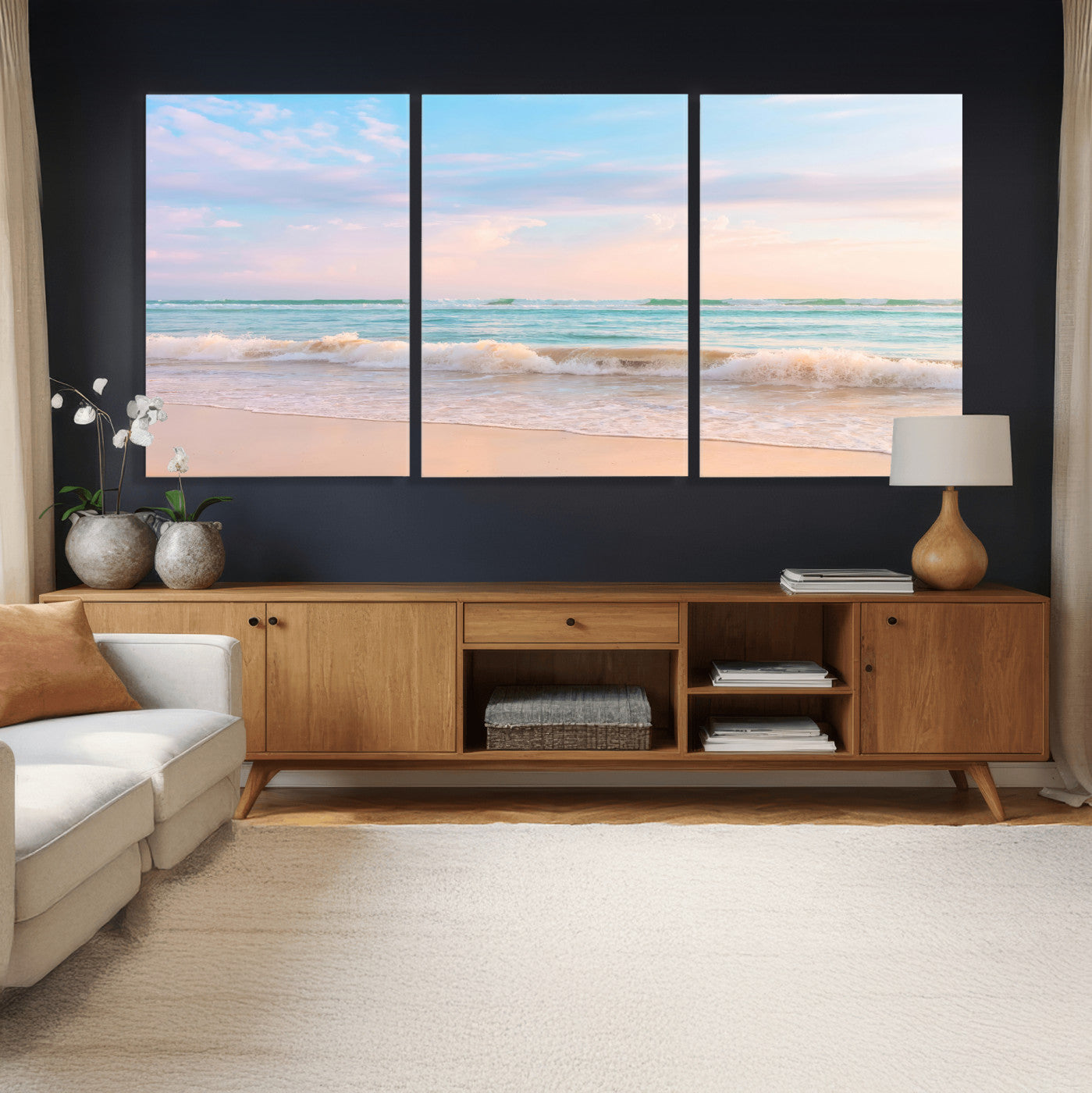 74679437-MGV-CV-36X24 - Serene Waves Wall Art – Golden Shore & Soft Pastel Sky Canvas Print, Gentle Ocean and Peaceful Sunset for Living Room or Office