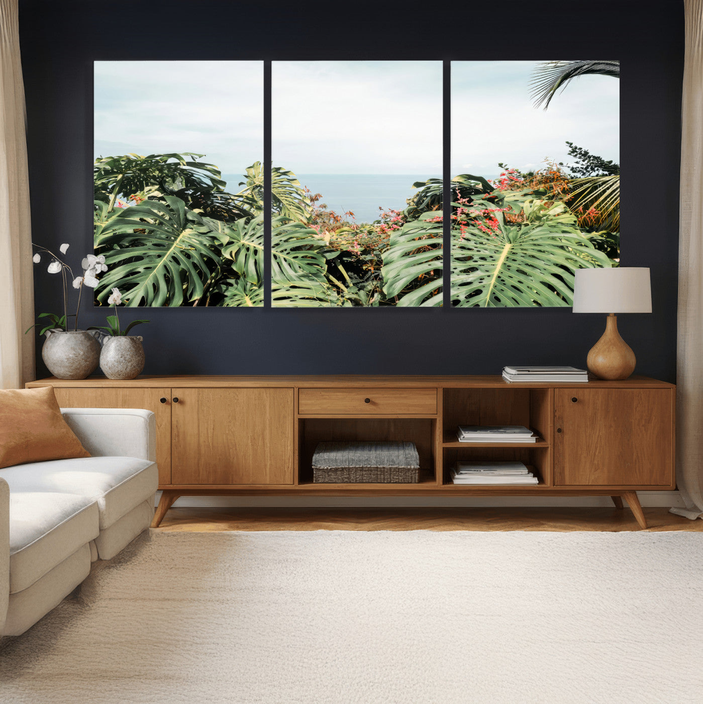 45700479-MGV-CV-36X24 - Tropical Greenery Wall Art – Exotic Leaves & Ocean View Canvas Print, Sunlit Paradise and Vibrant Nature for Living Room or Coastal Decor