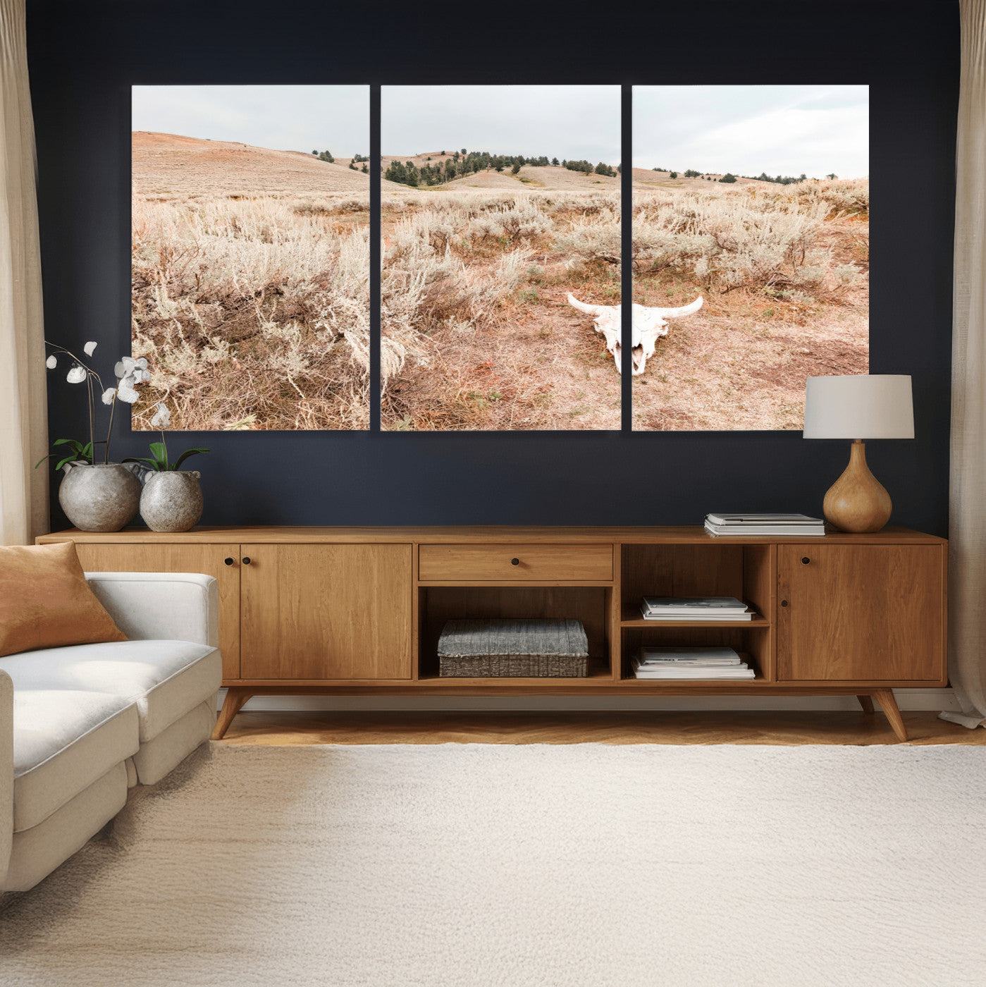 97234735-MGV-CV-36X24 - Desert Skull Wall Art – Arid Landscape & Sagebrush Canvas Print, Rustic Nature and Earth Tones for Living Room or Minimalist Decor