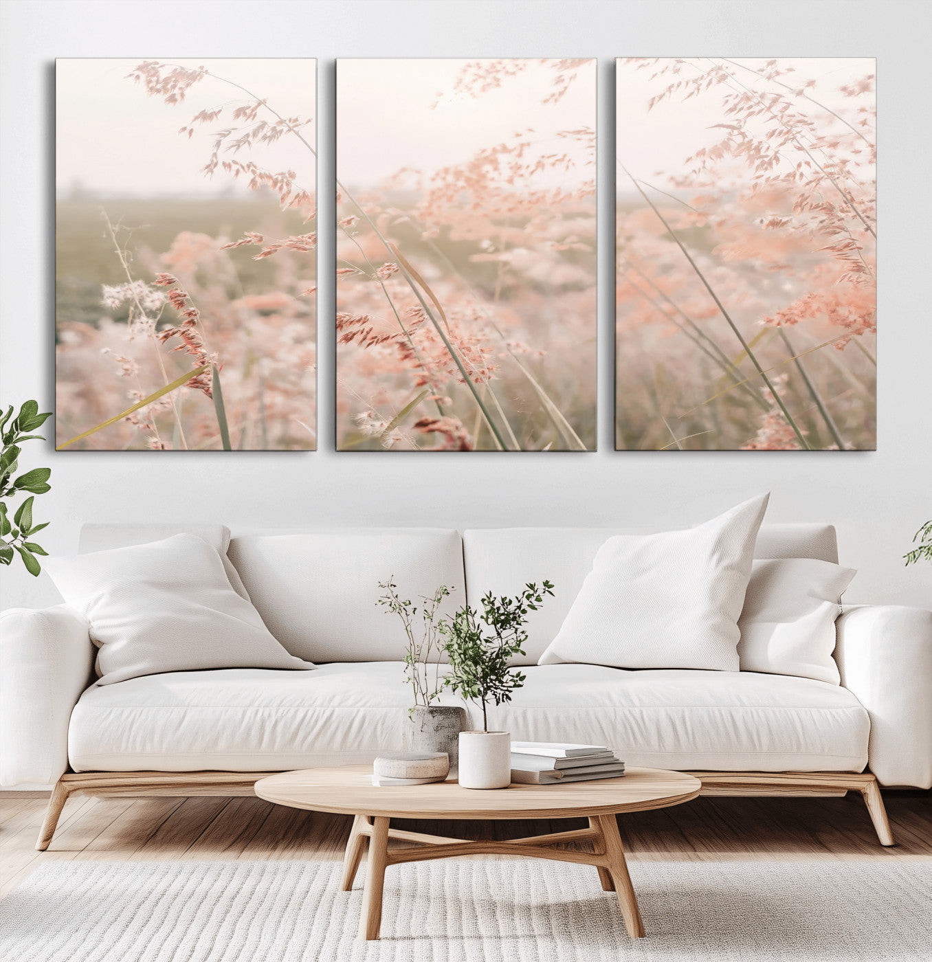 -Pastel Grasses Wall Art Canvas Print, Framed Soft Meadow Art Picture Print, Field in Breeze Perfect Soft Pastel Minimal Decor Artwork
