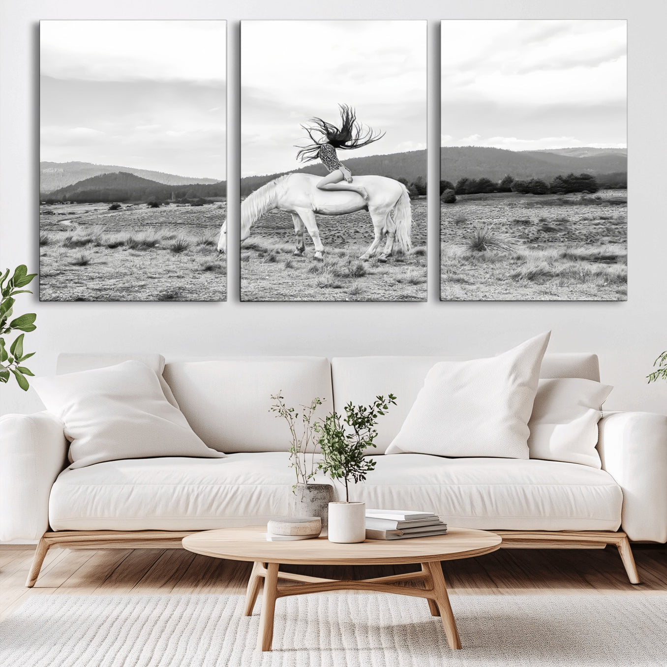 62789800-MGV-CV-36X24-White Horse Wall Art Canvas Print – Framed Woman Rider Equestrian Pose Western Boho Elegant Artwork for Home Office