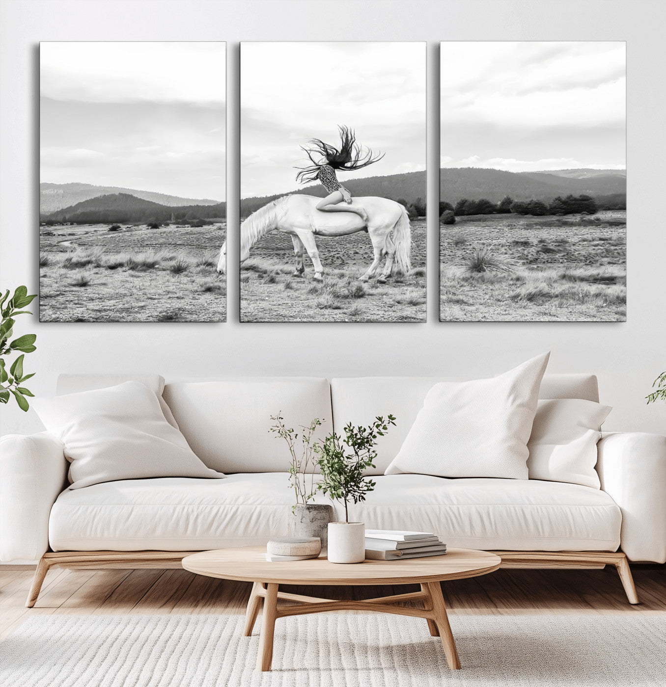 62789800-MGV-CV-36X24-White Horse Wall Art Canvas Print – Framed Woman Rider Equestrian Pose Western Boho Elegant Artwork for Home Office