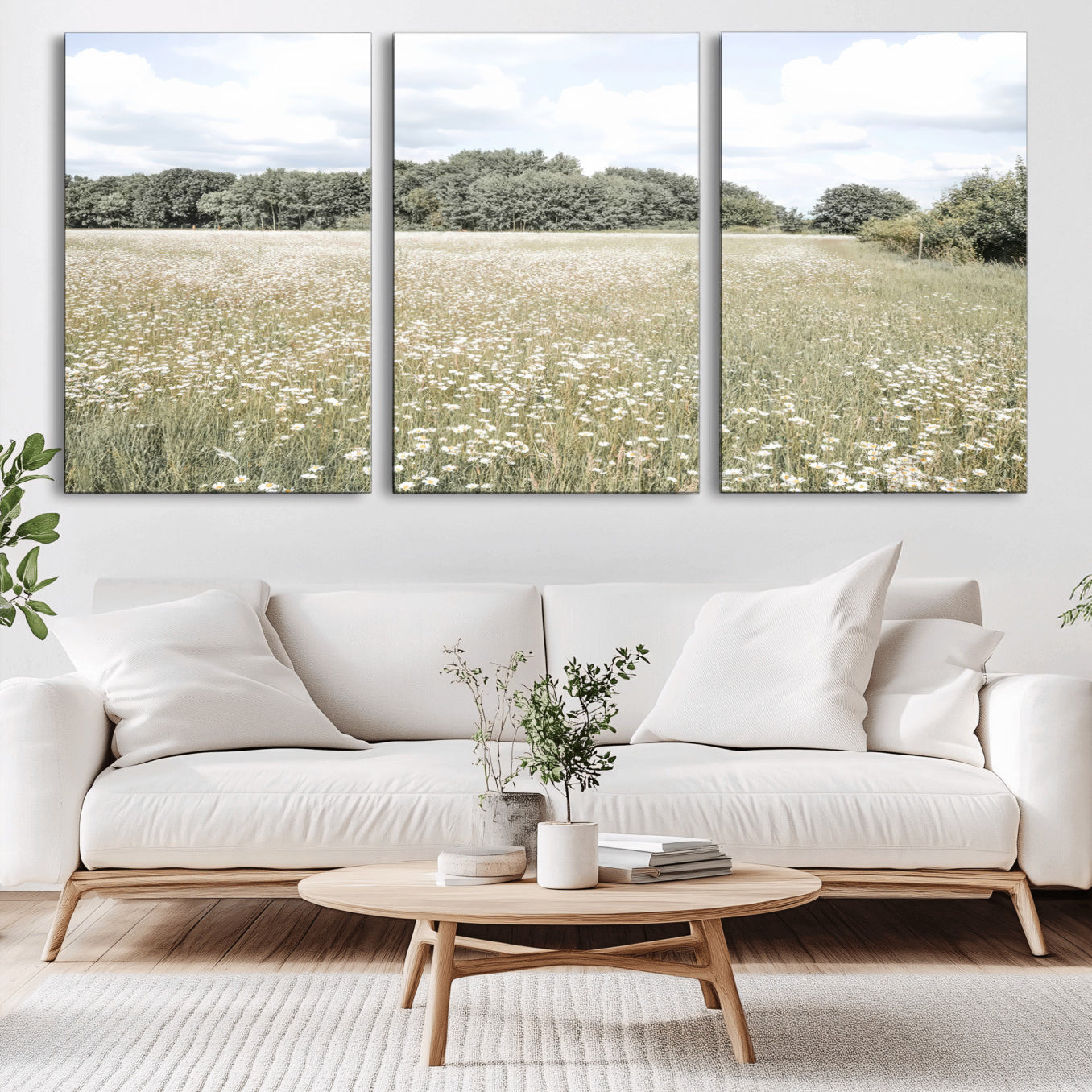 43258946-MGV-CV-36X24-Charming Daisy Field Wall Art Canvas Print – Framed Pastel Flower Meadow Bloom Scandinavian Minimal Artwork for Home Office