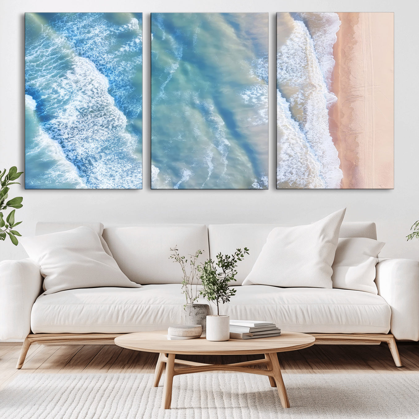 -Aerial Ocean View Wall Art Canvas Print, Framed Soft Blue Waves Art Picture Print, Sandy Shoreline Perfect Modern Coastal Decor Artwork
