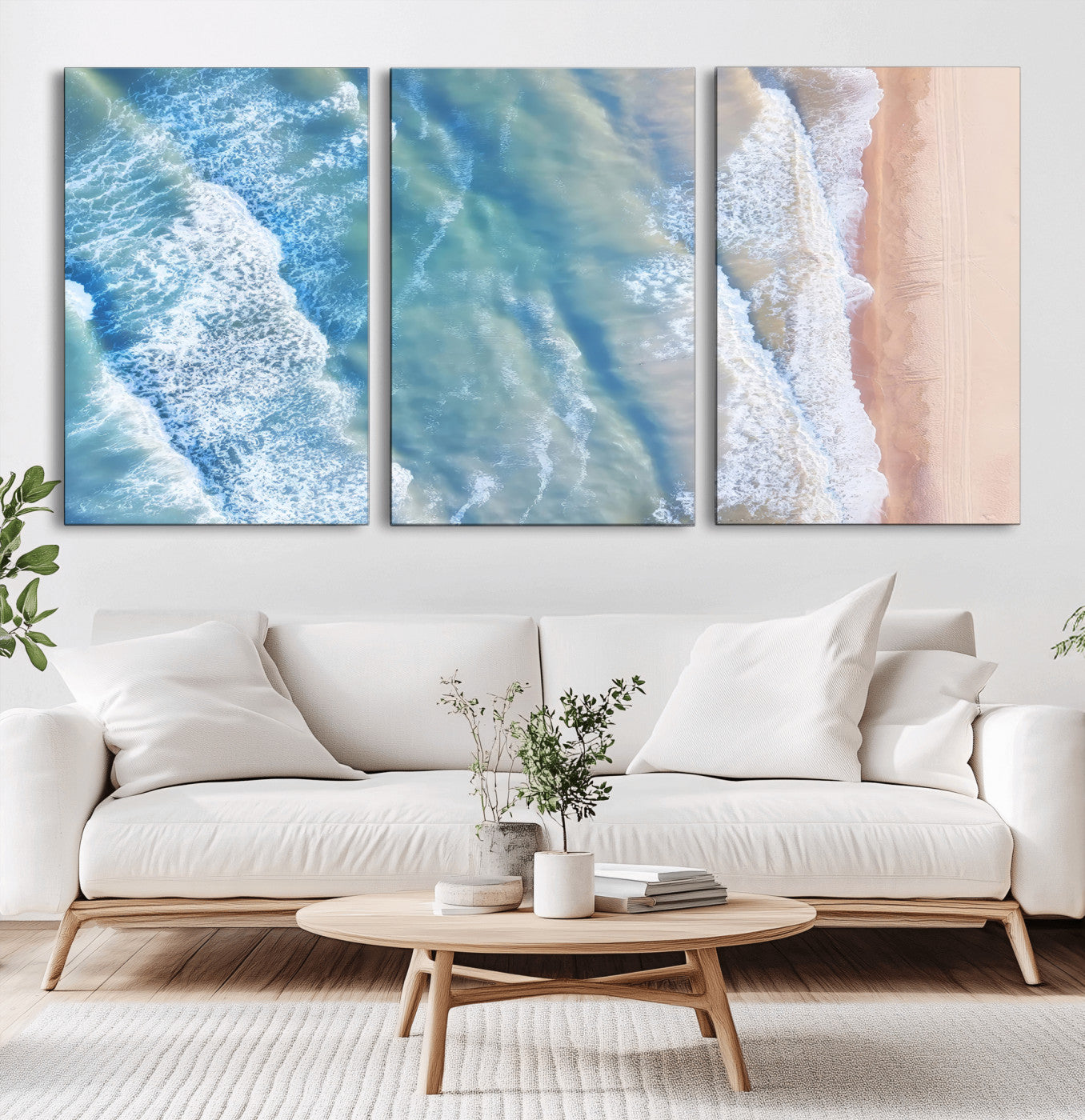 -Aerial Ocean View Wall Art Canvas Print, Framed Soft Blue Waves Art Picture Print, Sandy Shoreline Perfect Modern Coastal Decor Artwork
