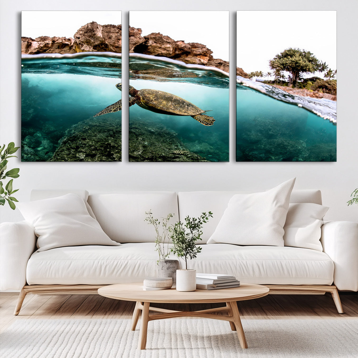 44200301-MGV-CV-60X30-3P-Sea Turtle Wall Art Canvas Print – Framed Ocean Life Tropical Coastal Marine Wildlife Artwork for Home Office