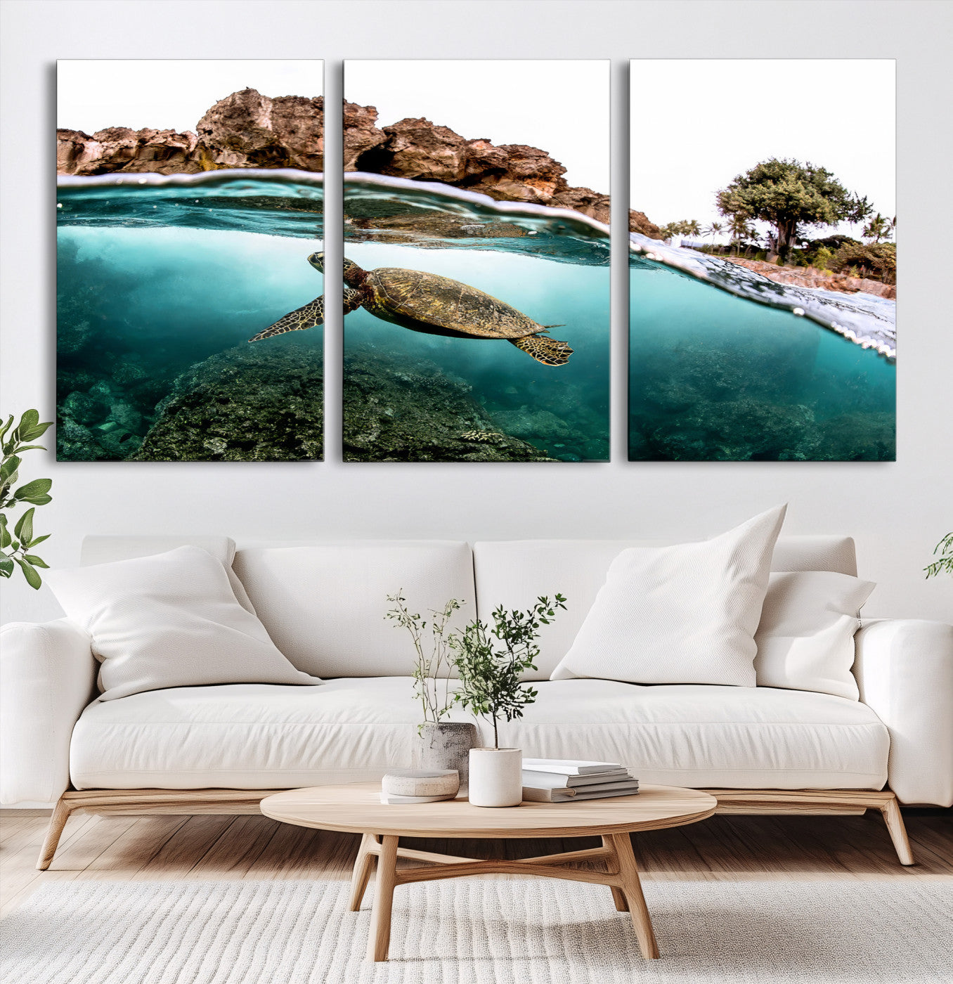 44200301-MGV-CV-60X30-3P-Sea Turtle Wall Art Canvas Print, Framed Ocean Life Art Picture Print, Tropical Perfect Coastal