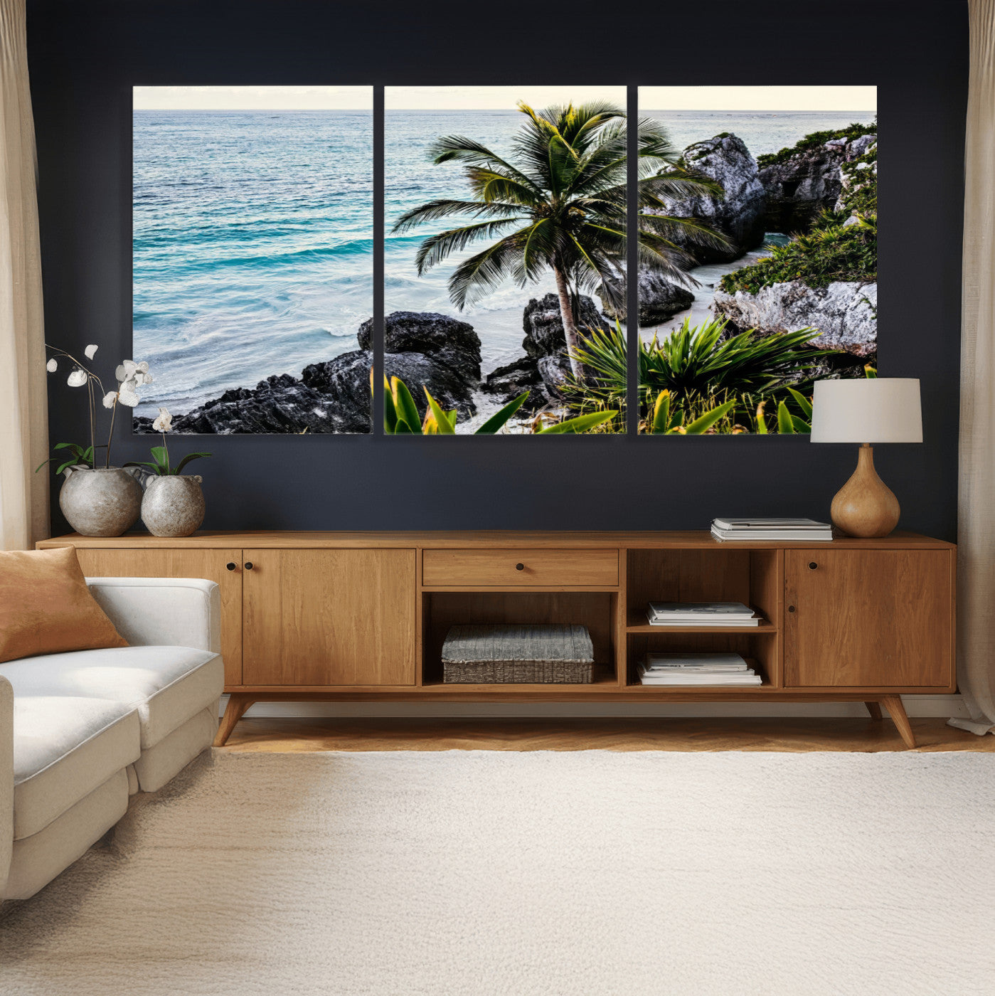 94669907-MGV-CV-36X24 - Tropical Palm Wall Art – Coastal Rocks Canvas Print, Ocean Breeze, Sandy Shore, Vibrant Green Foliage for Living Room or Beach House Decor
