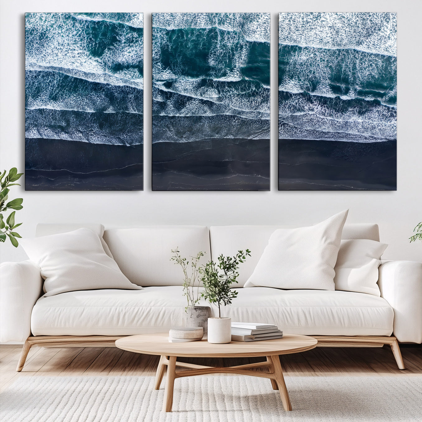 87941475-MGV-CV-60X30-3P-Black Beach Wall Art Canvas Print – Framed Aerial Ocean View Moody Coastal Seascape Nature Artwork for Home Office