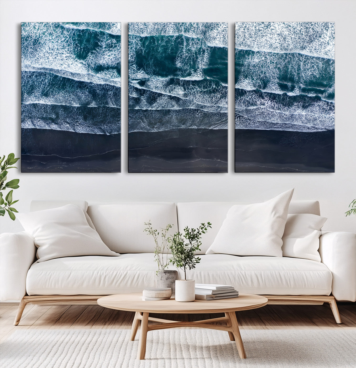 87941475-MGV-CV-60X30-3P-Black Beach Wall Art Canvas Print – Framed Aerial Ocean View Moody Coastal Seascape Nature Artwork for Home Office