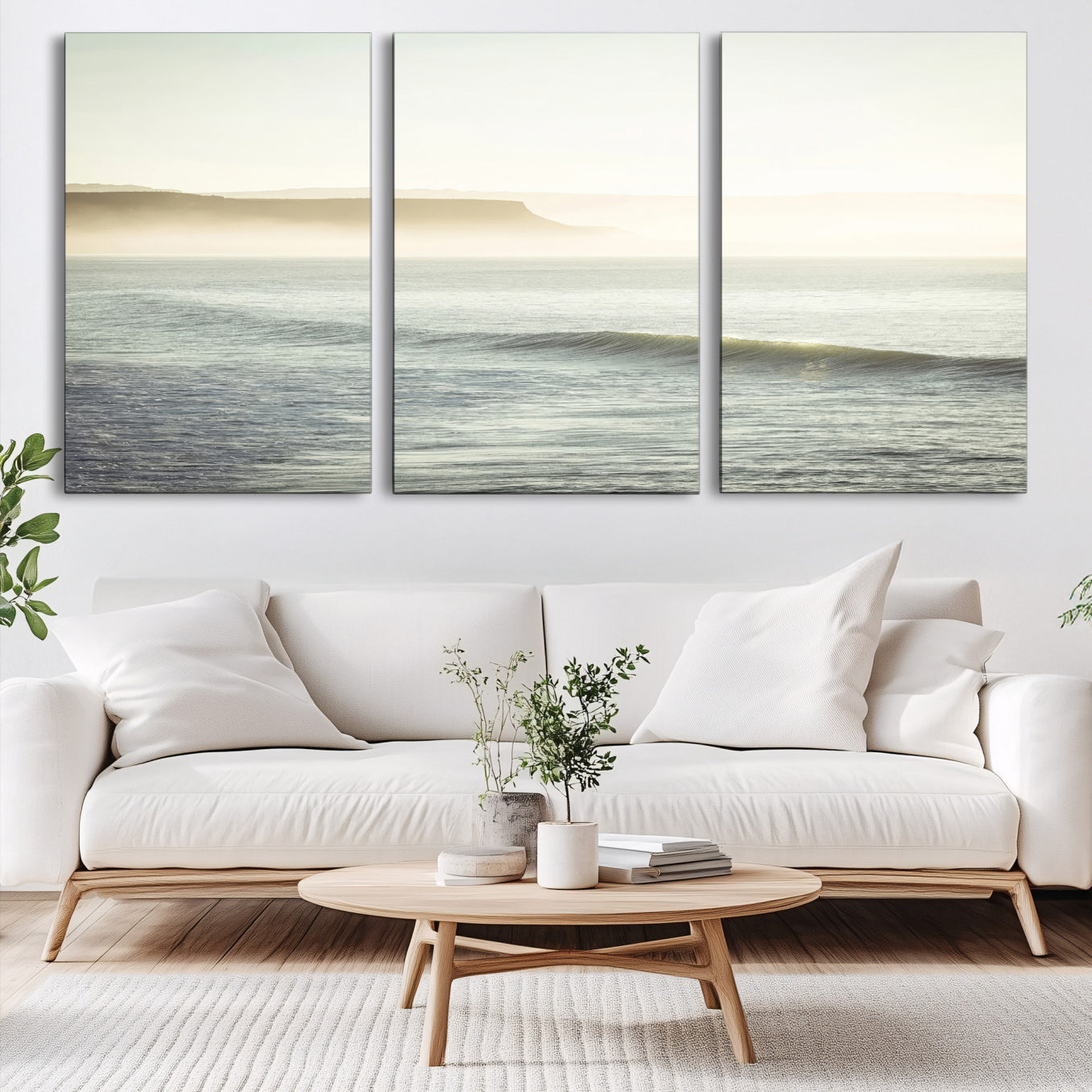 39310633-MGV-CV-60X30-3P-Coastal Cliffs Wall Art Canvas Print, Framed Misty Ocean Art Picture Print, Soft Morning Perfect