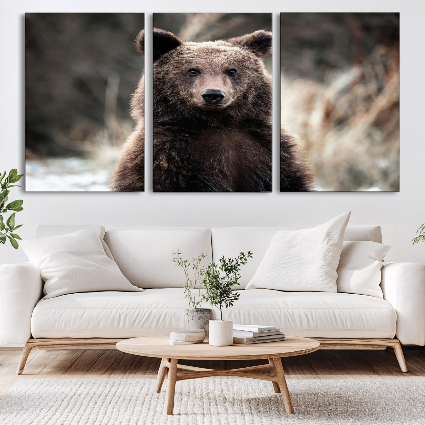 47112103-MGV-CV-60X30-3P-Brown Bear Wall Art Canvas Print, Framed Wildlife Art Picture Print, Woodland Perfect Cabin Decor