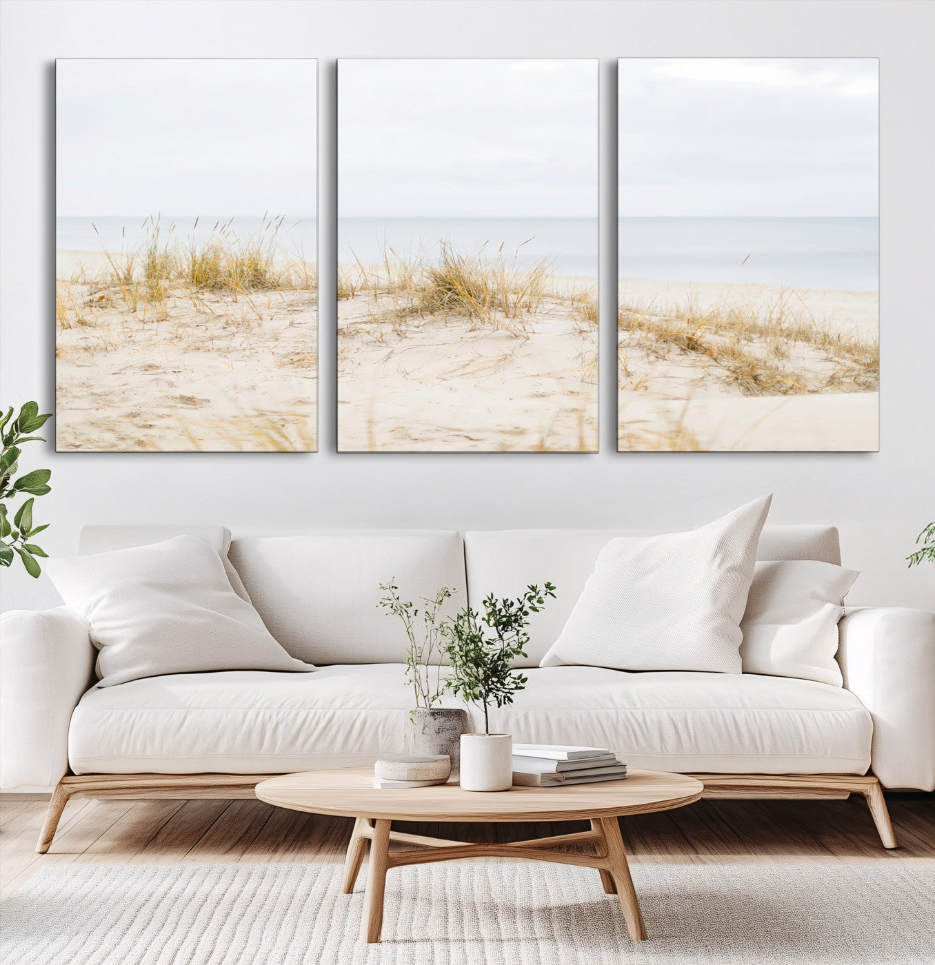 13146857-MGV-CV-60X30-3P-Beach Dunes Wall Art Canvas Print, Framed Coastal Grass Art Picture Print, Sand Perfect Minimalist