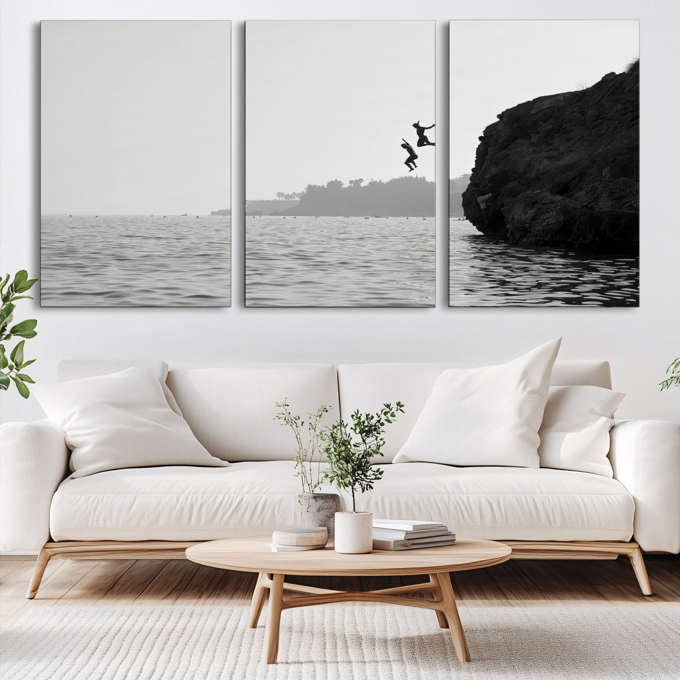 52284302-MGV-CV-60X30-3P-Jumping Wall Art Canvas Print – Framed Coastal Ocean Scene Artwork for Relaxing Beach Home, Office Decor