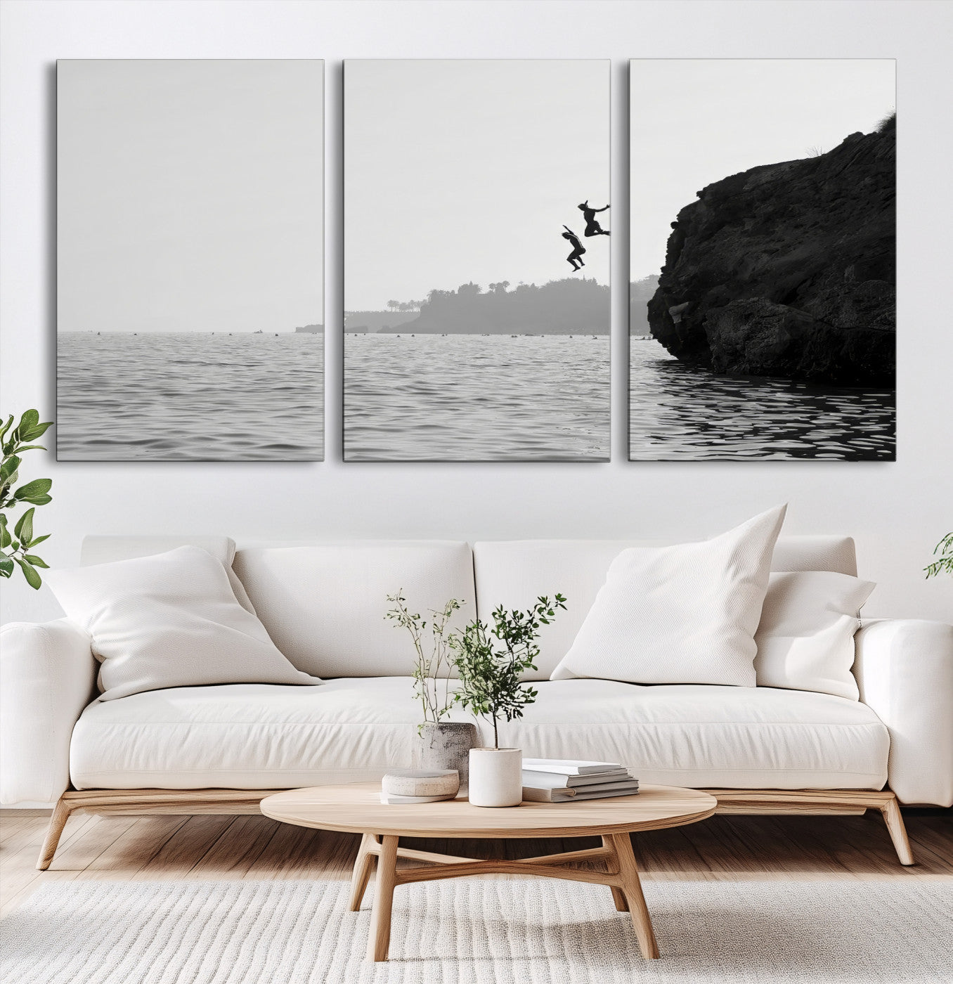 52284302-MGV-CV-60X30-3P-Jumping Wall Art Canvas Print – Framed Coastal Ocean Scene Artwork for Relaxing Beach Home, Office Decor