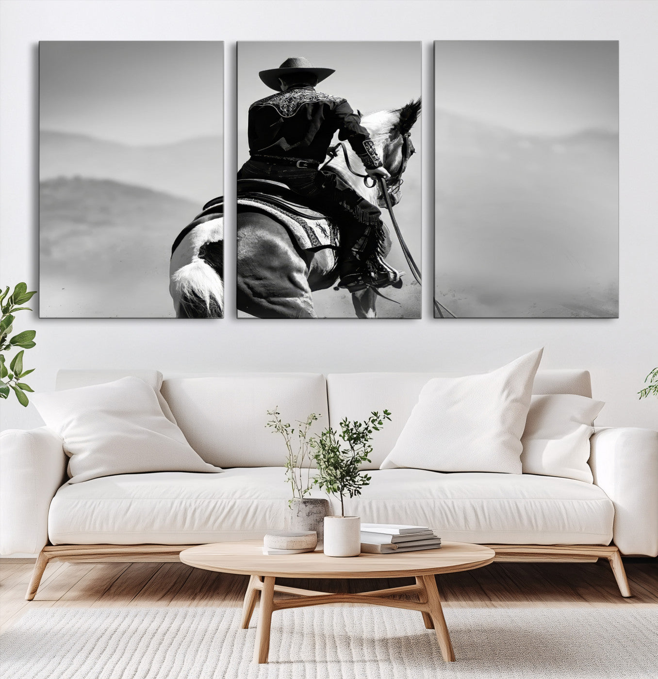 83102464-MGV-CV-60X30-3P-Western Wall Art Canvas Print – Framed Cowboy and Horse Scene Artwork for Rustic Western Home, Office Decor