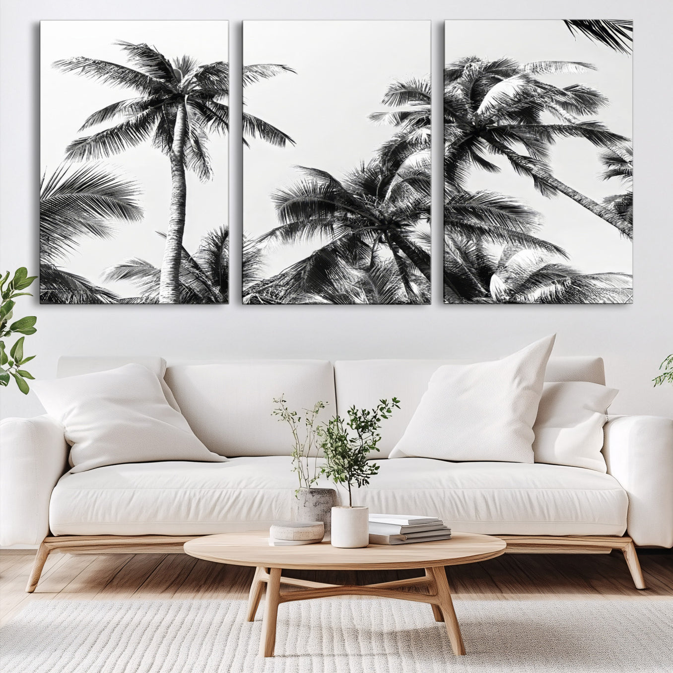 46641801-MGV-CV-60X30-3P-Palm Wall Art Canvas Print – Framed Monochrome Tropical Scene Artwork for Minimalist Home, Office, Living Room Decor