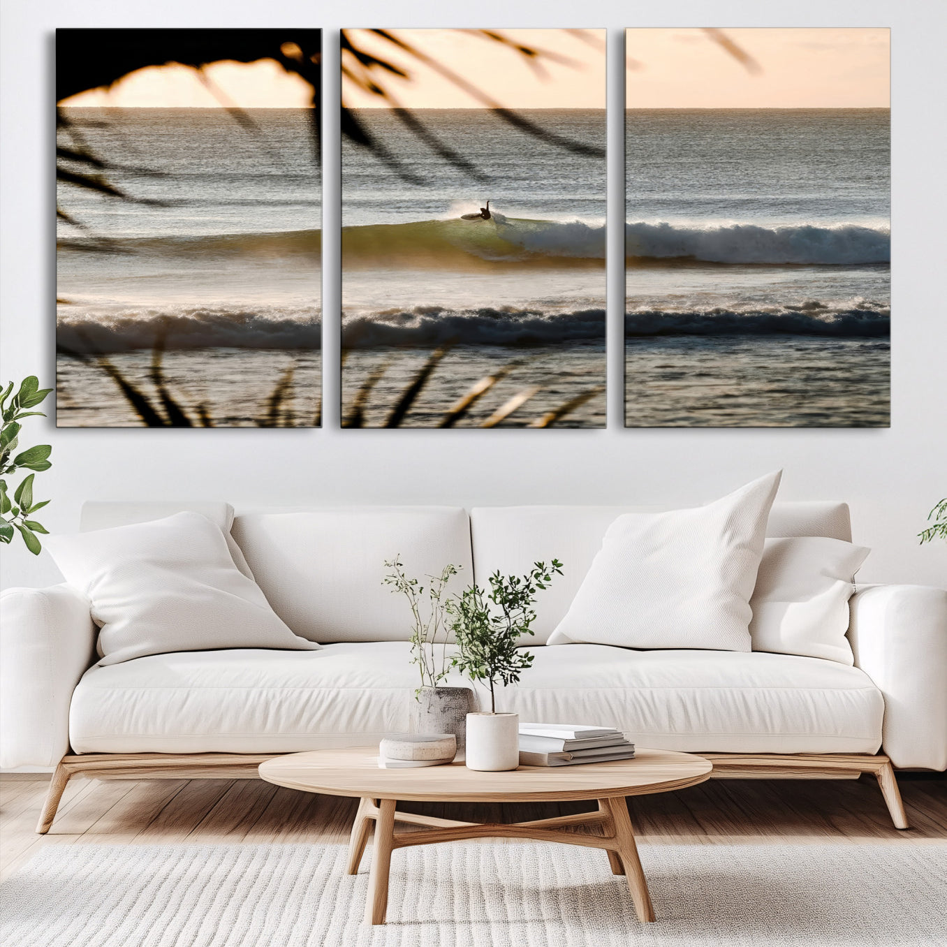24896468-MGV-CV-60X30-3P-Sunset Surf Wall Art Canvas Print, Framed Golden Hour Art Picture Print, Waves Perfect Boho Decor,