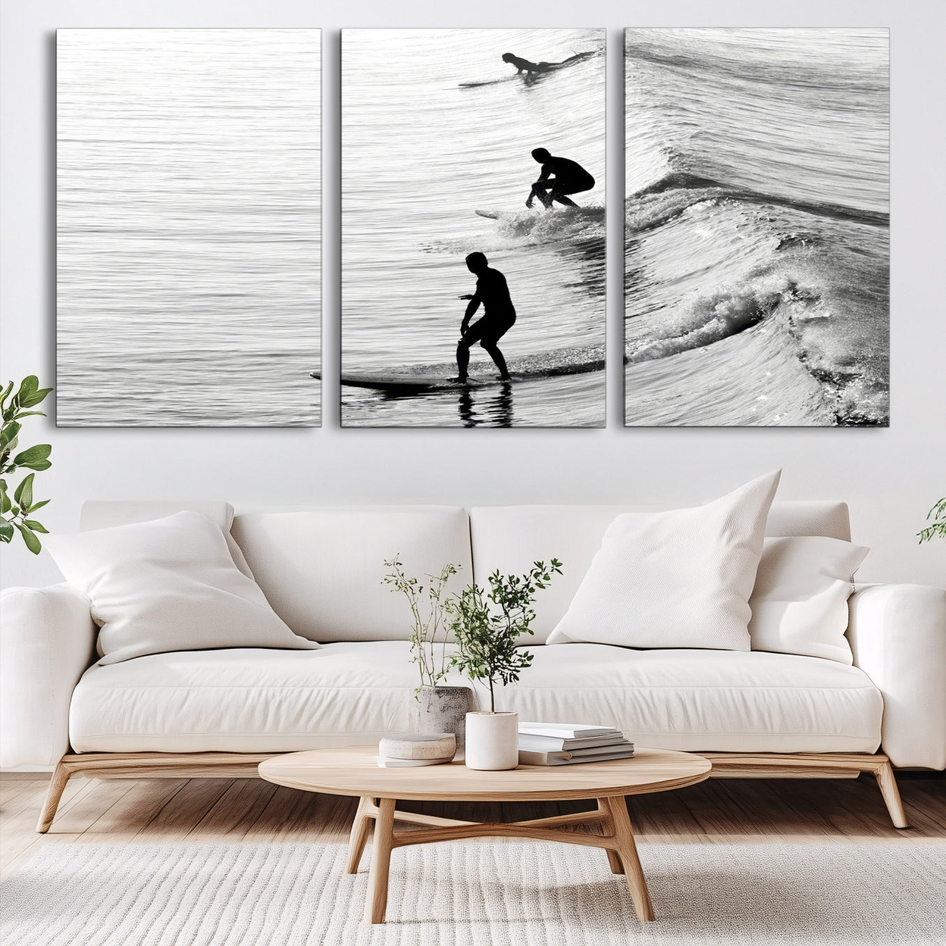 19875284-MGV-CV-60X30-3P-Surfers on Waves Wall Art Canvas Print – Framed Black and White Surf Ocean Monochrome Beach Artwork for Home, Office