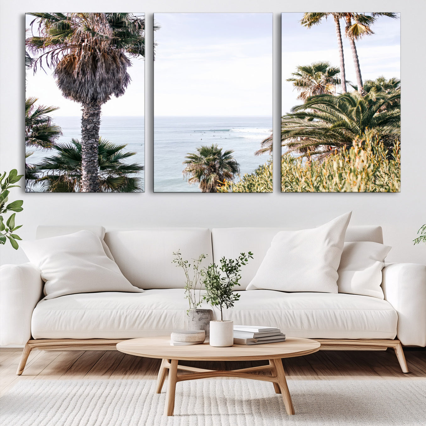 51404565-MGV-CV-60X30-3P-Coastal Palm Trees Wall Art Canvas Print – Framed Ocean Breeze Tropical Scene Artwork for Relaxing Home, Office Decor